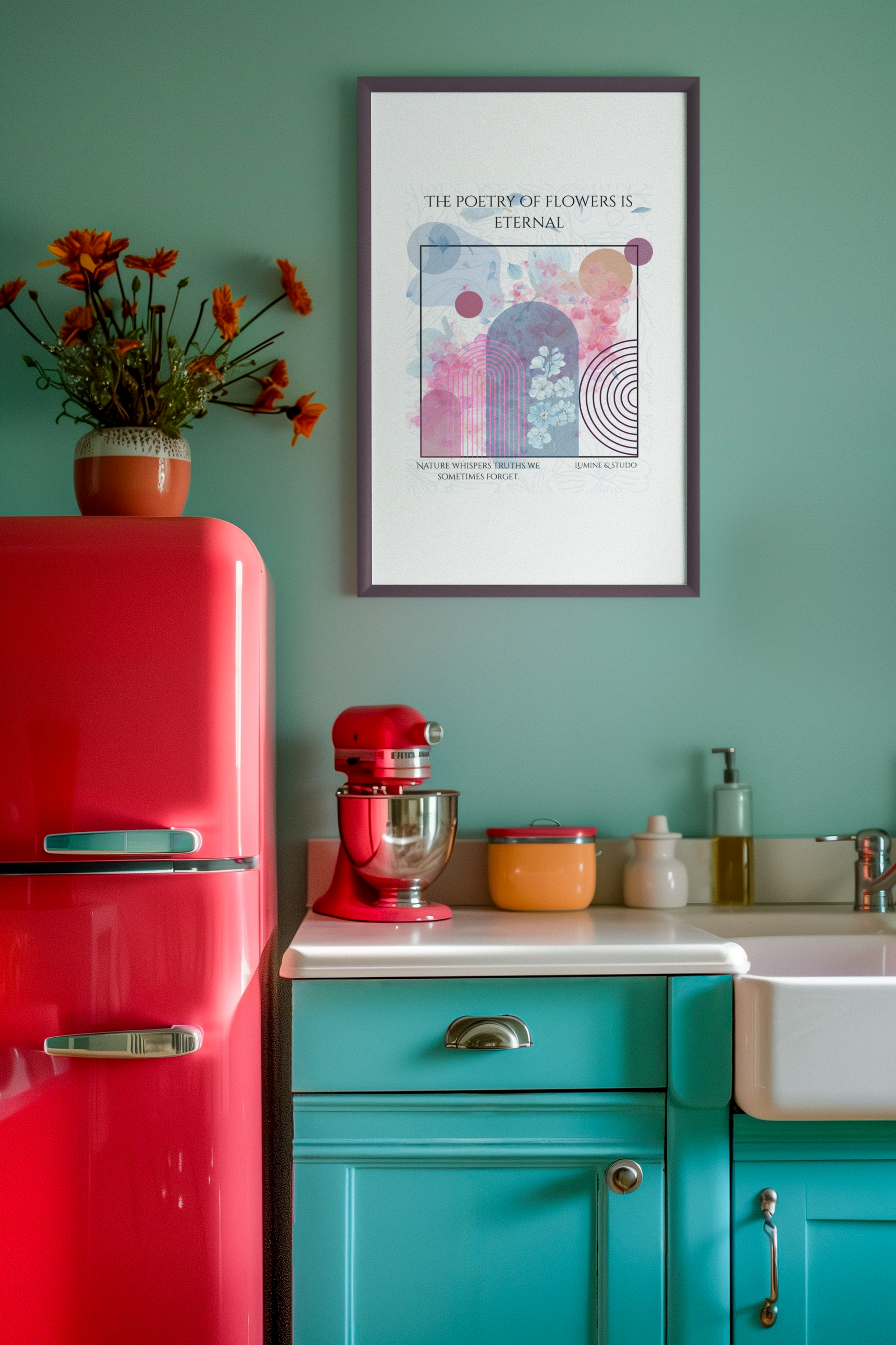 Wall art poster displayed in a colorful modern kitchen with retro fridge and decorative elements