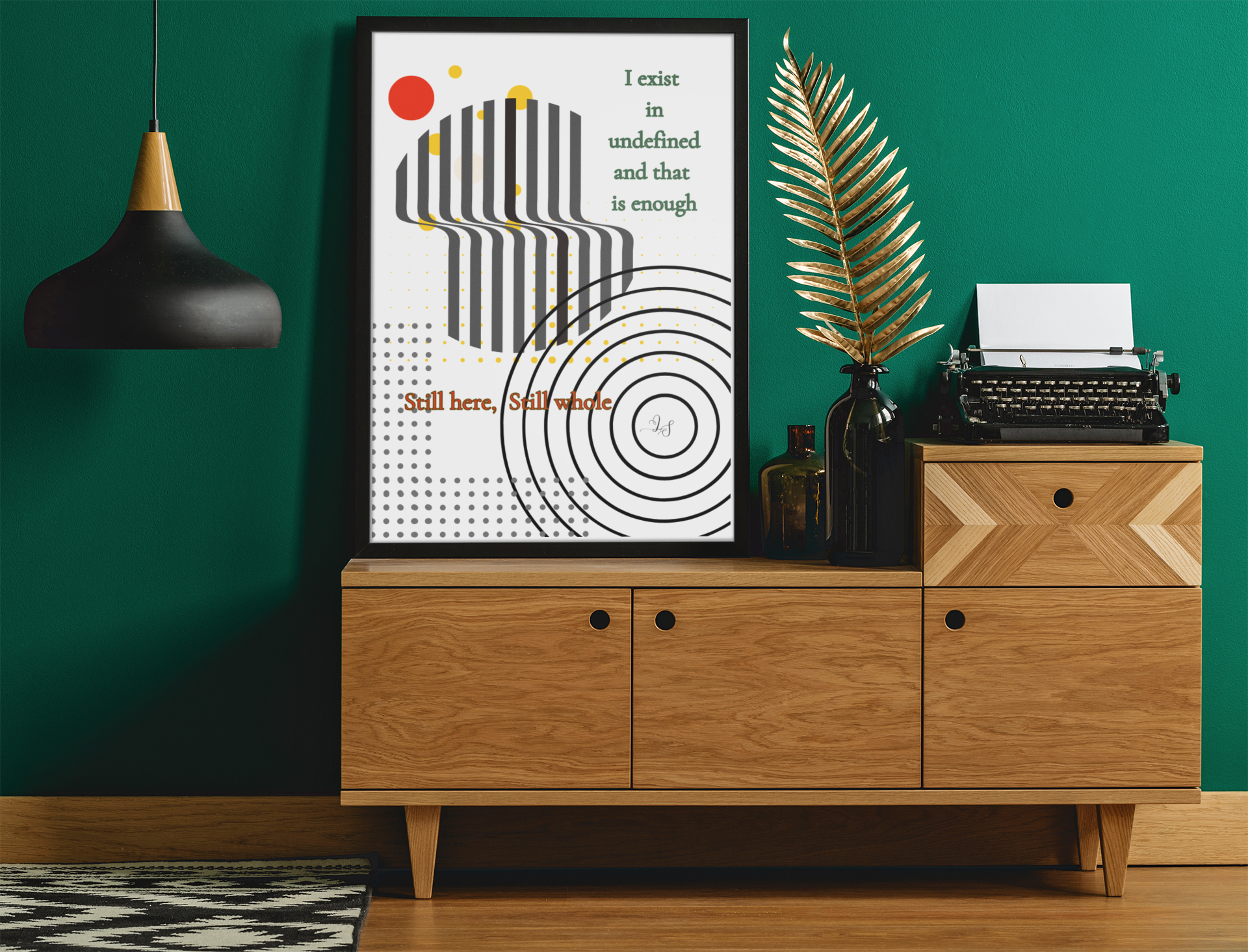 Wall art poster displayed on a wooden sideboard in a modern interior with green wall, decor, and lighting