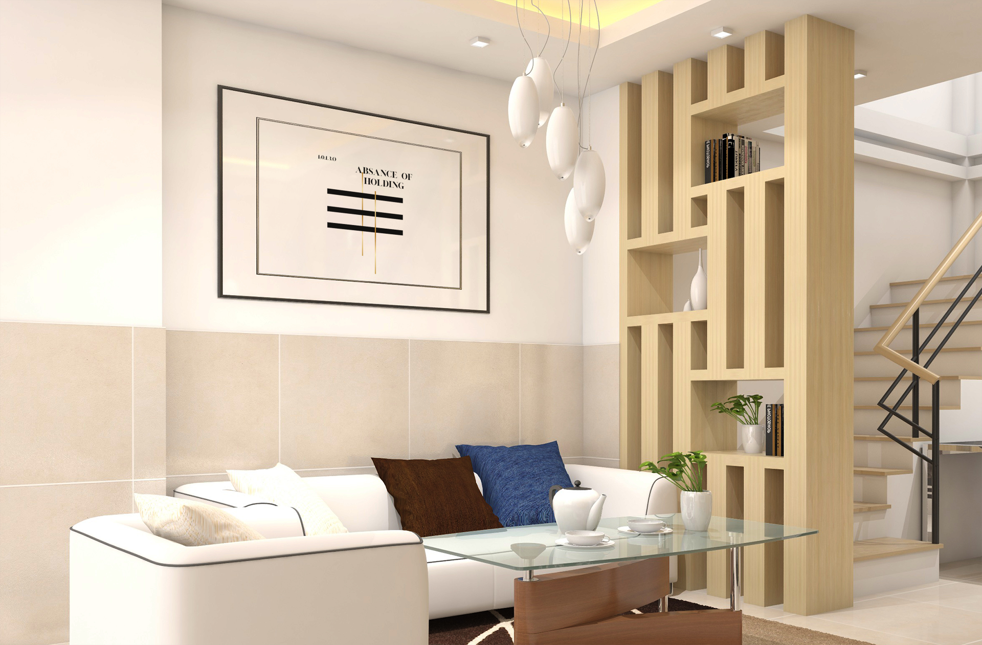 Wall art poster displayed in a modern living room with white sofa, glass table, and light wood interior elements