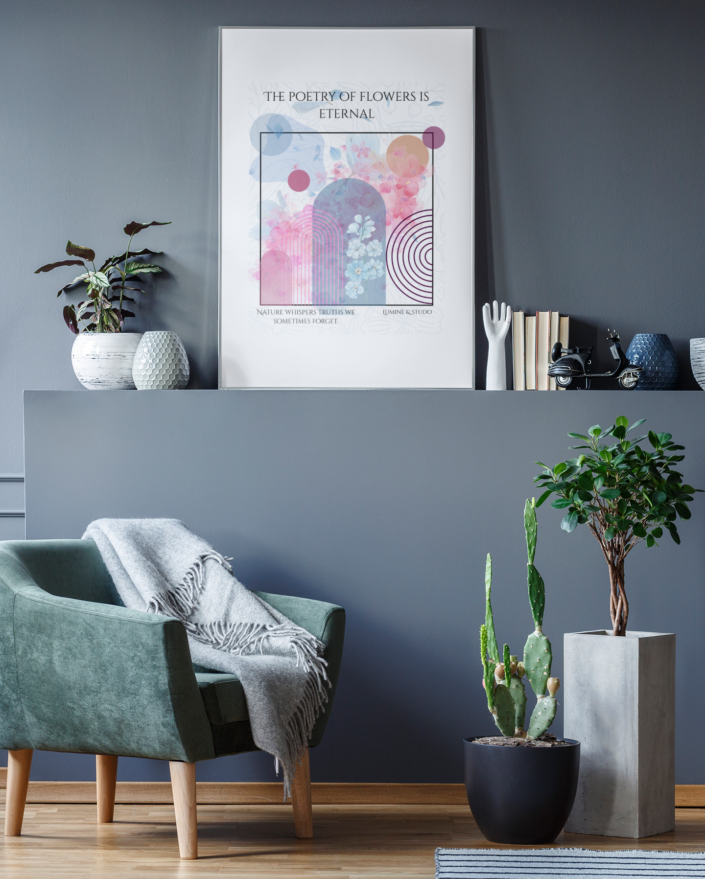 Wall art poster displayed in a modern Scandinavian living room with armchair, plants, and neutral decor