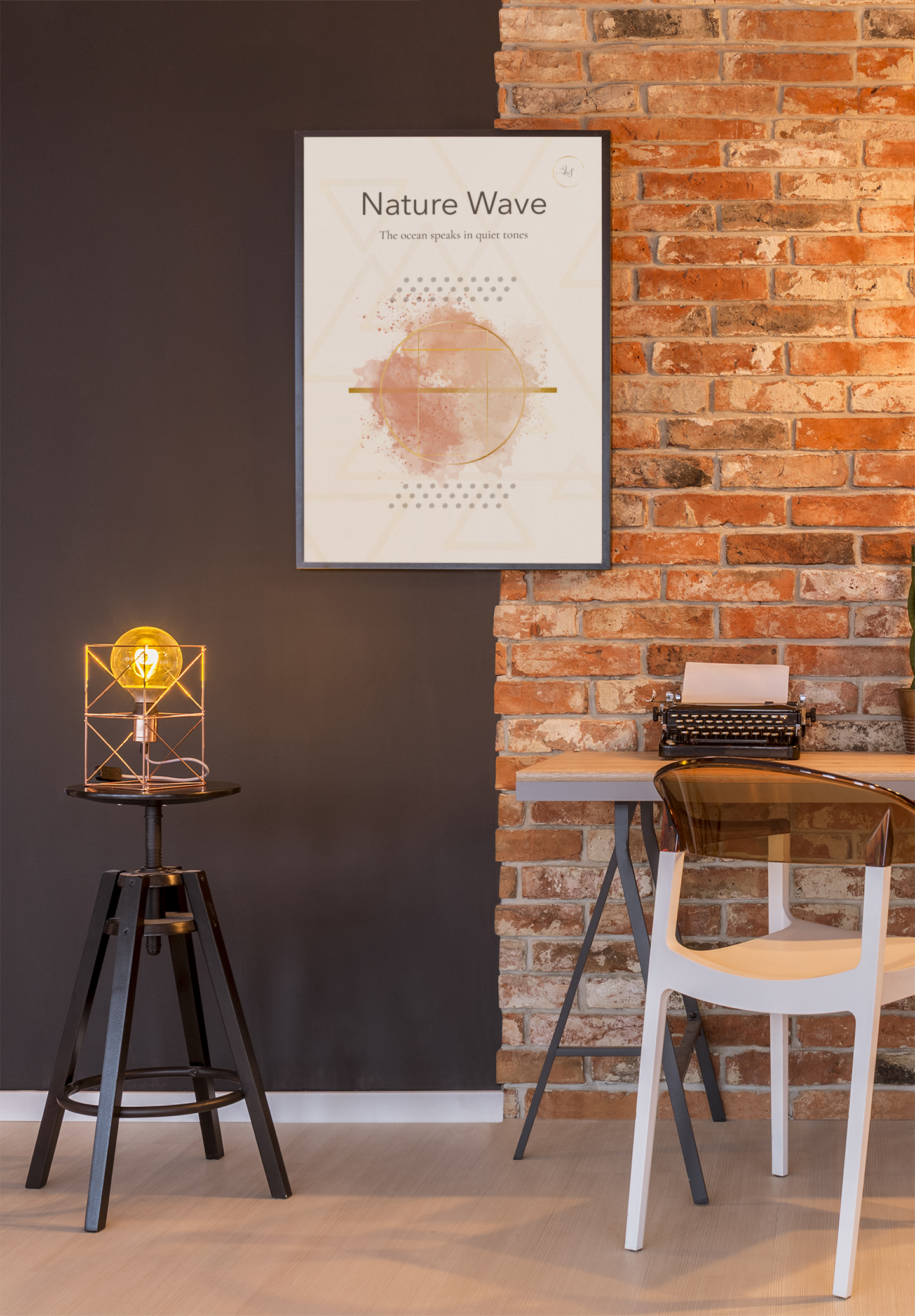 Nature Wave minimalist wall art print in modern workspace with brick wall and desk