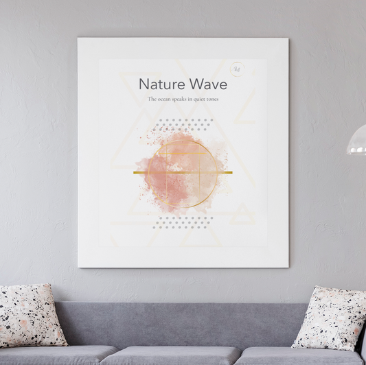 Nature Wave minimalist wall art print styled in a modern living room with a gray sofa and coffe table