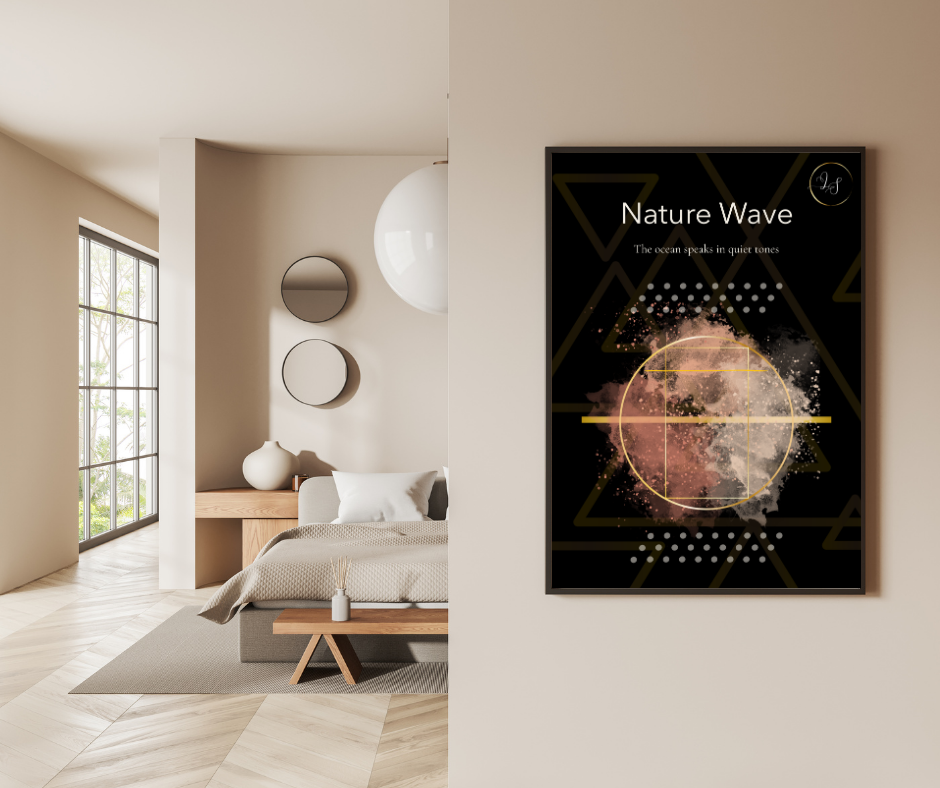 Nature Wave Noir minimalist wall art print displayed in modern Japandi style bedroom interior