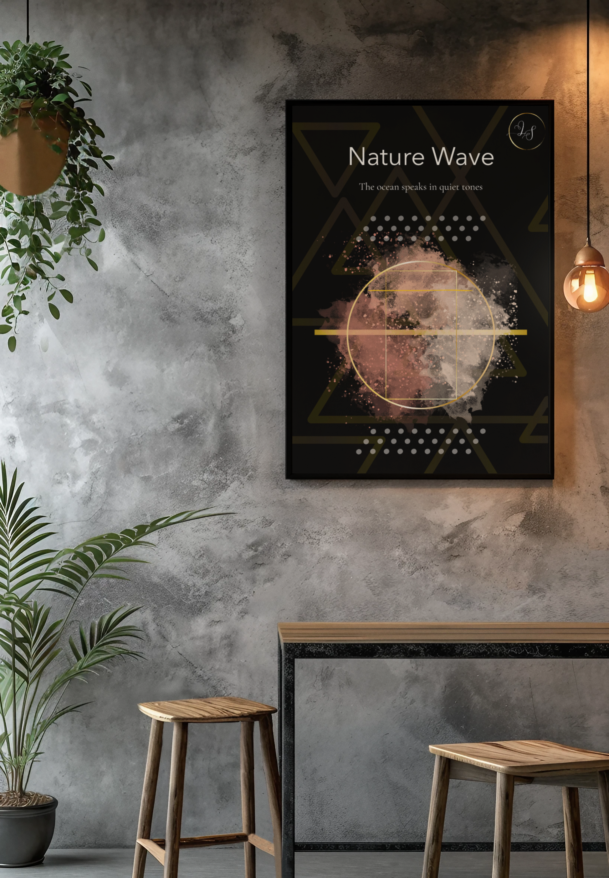 Nature Wave Noir minimalist wall art print displayed in modern industrial interior with plants and concrete wall