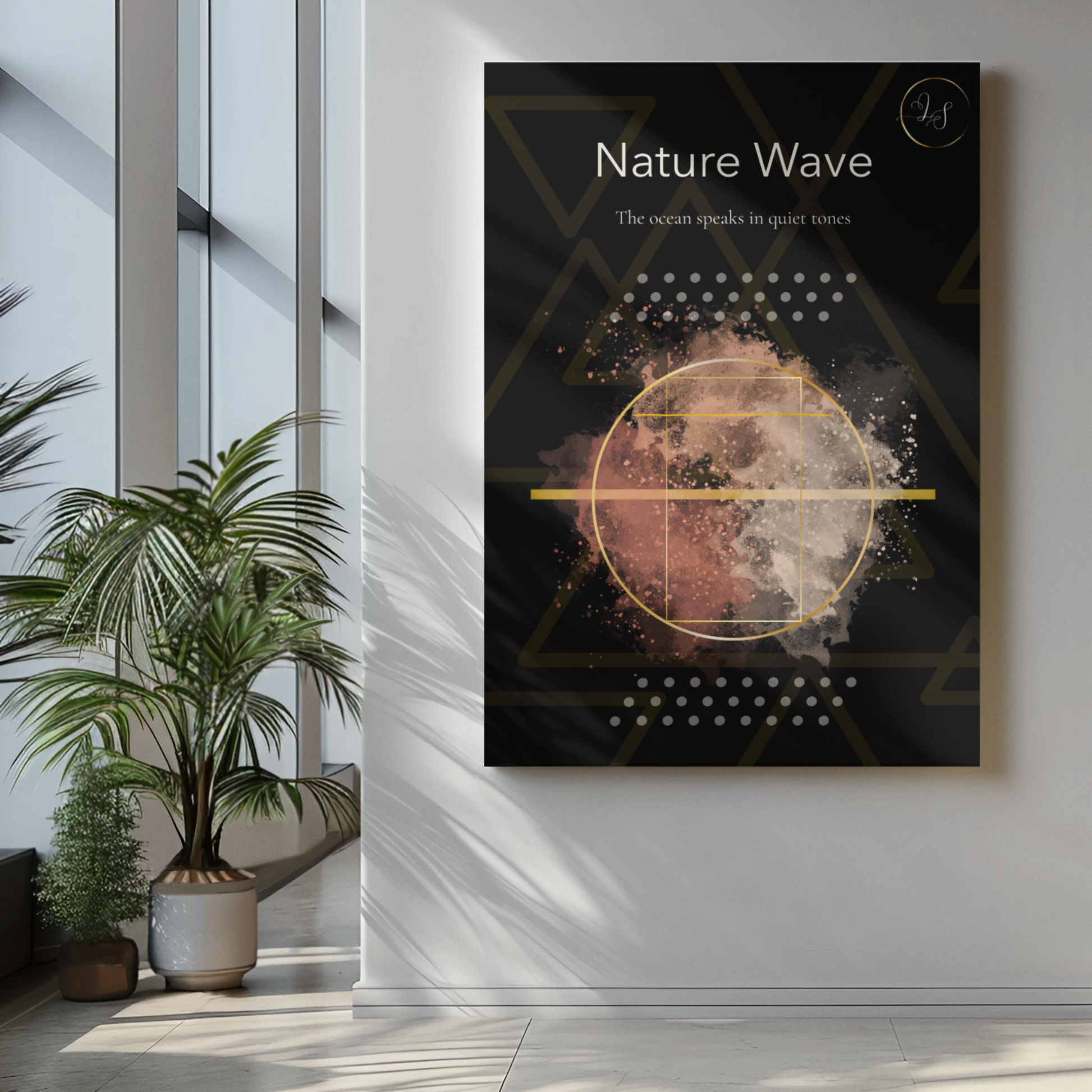 Nature Wave Noir minimalist wall art print displayed in modern living room with plant and natural light