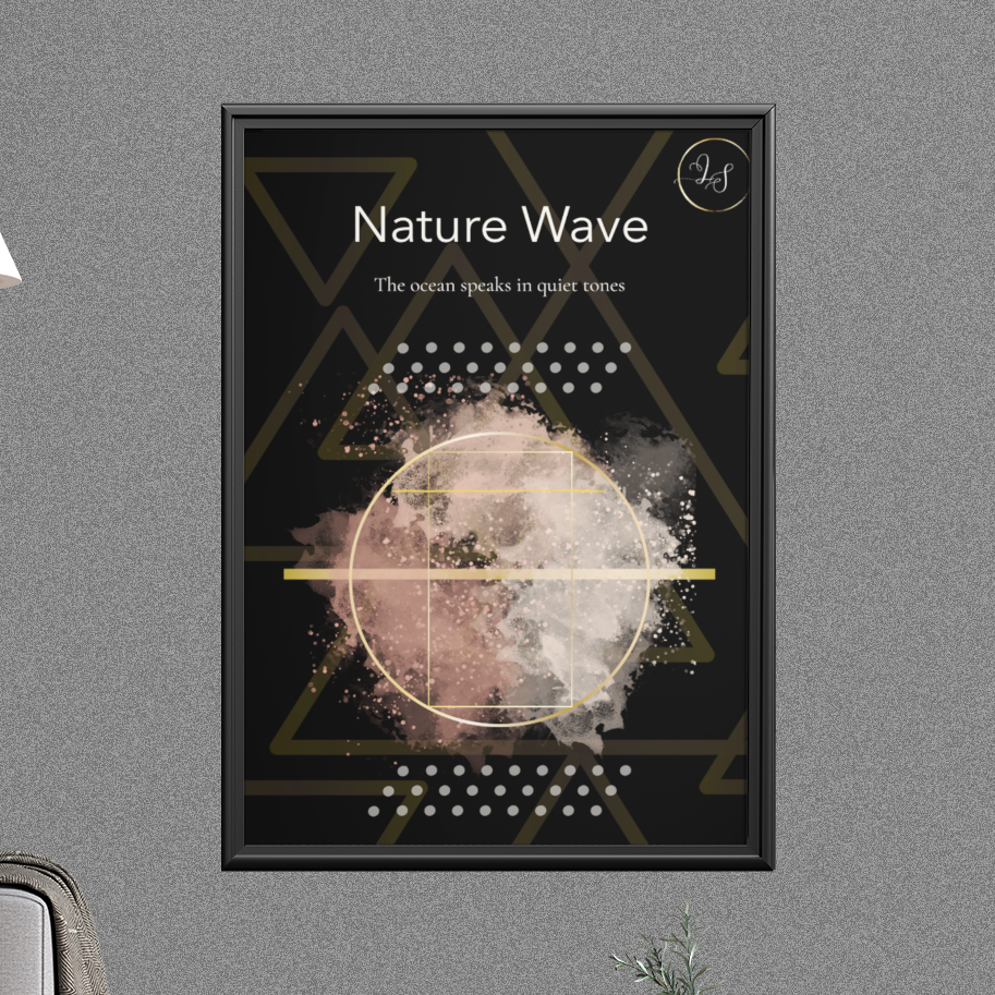 Nature Wave Noir minimalist wall art print displayed in modern living room with sofa and side table