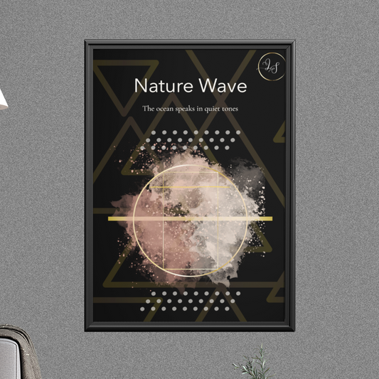 Nature Wave Noir minimalist wall art print displayed in modern living room with sofa and side table