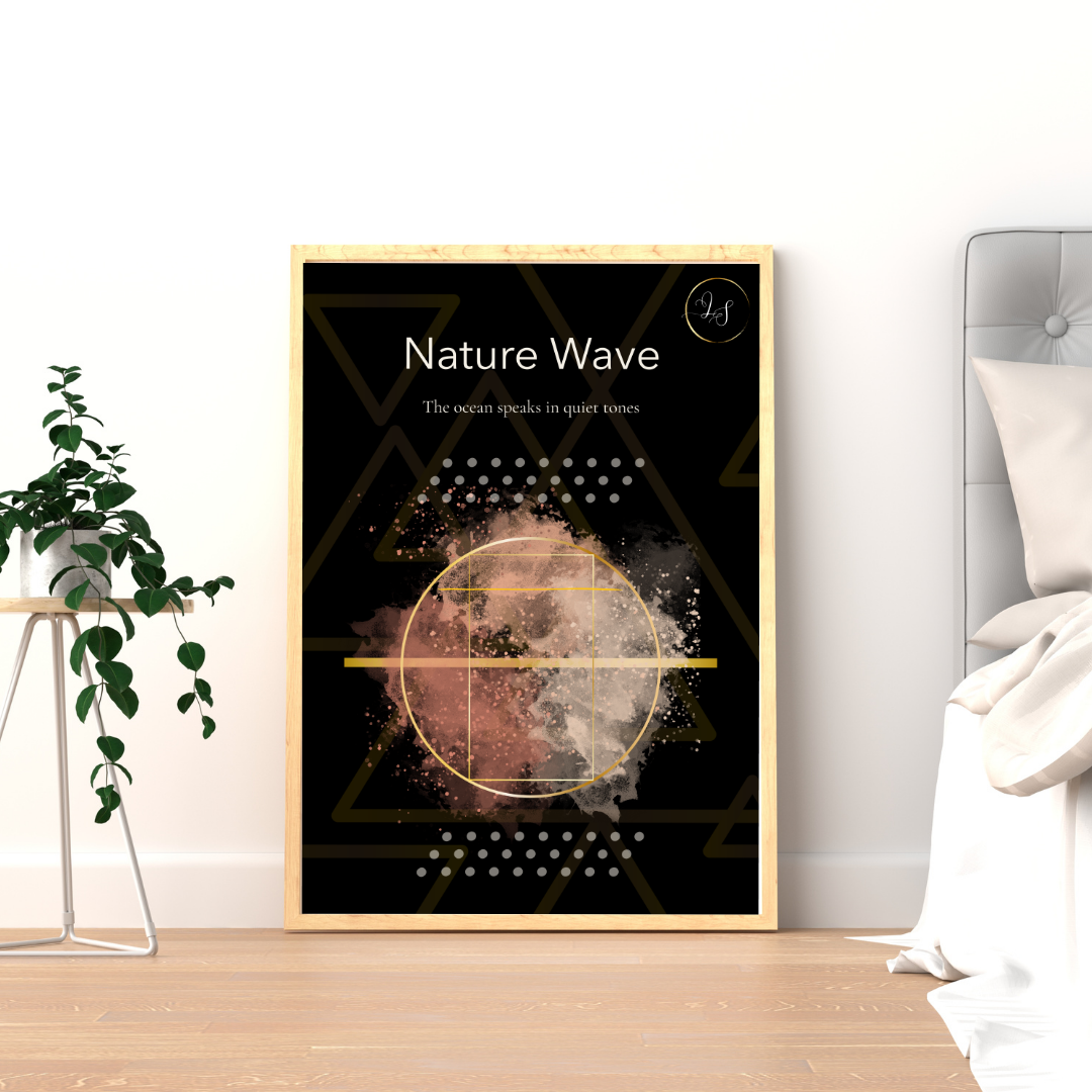 Nature Wave Noir minimalist wall art print in Scandinavian bedroom with wooden frame and plant