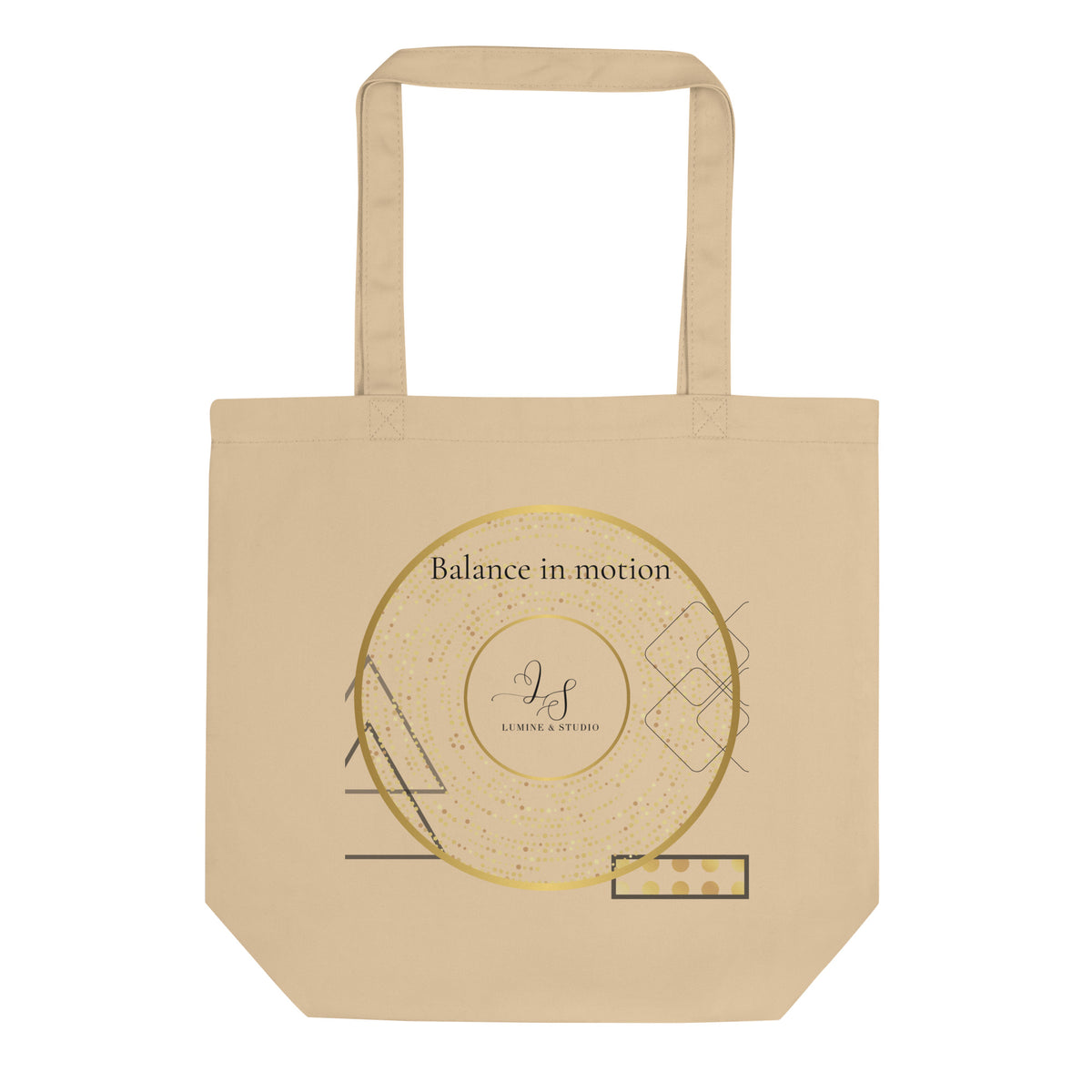 Oyster eco tote bag with a minimalist gold geometric Balance in Motion design, front view
