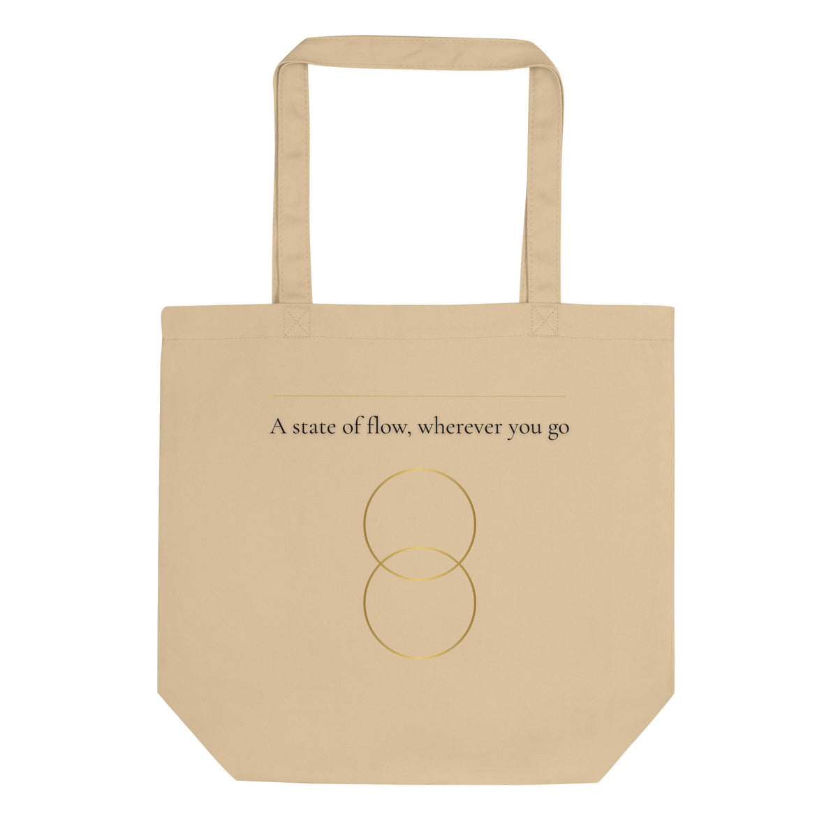 Back view of an oyster eco tote bag with a minimalist flowing line design and text