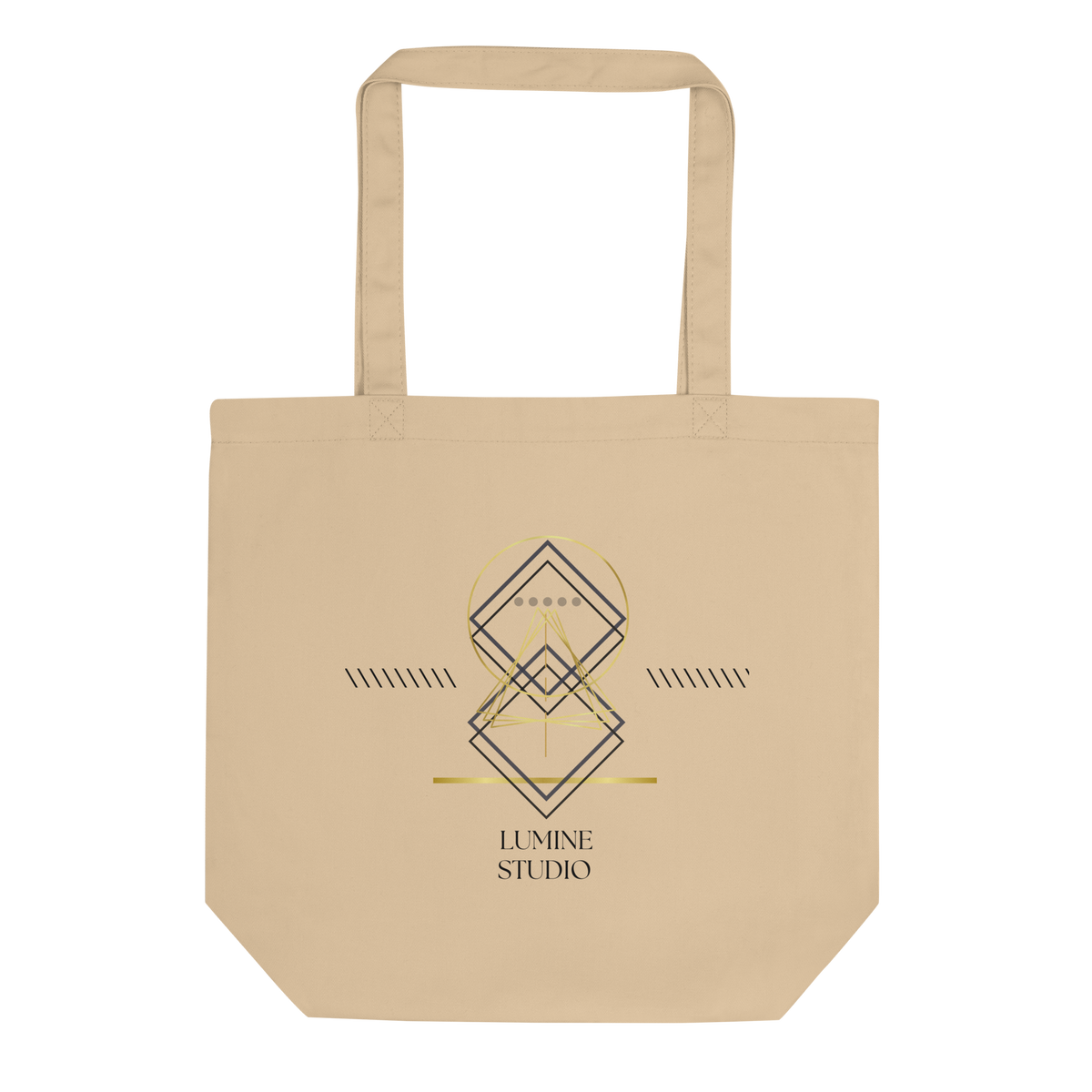 Oyster eco tote bag with minimalist geometric line art and subtle gold details.