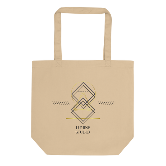 Oyster eco tote bag with minimalist geometric line art and subtle gold details.