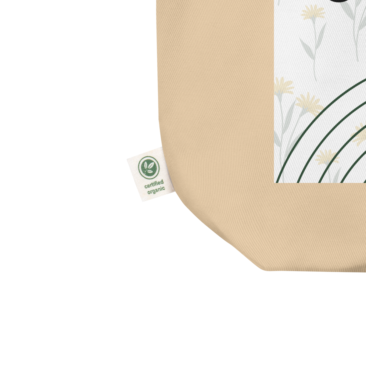 Close-up of an oyster eco tote bag showing the printed design detail and cetrified organic cotton tag.