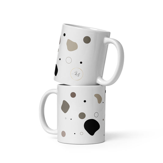 Pebble white glossy ceramic mug, 11 oz, with abstract neutral pattern by lumine Studio