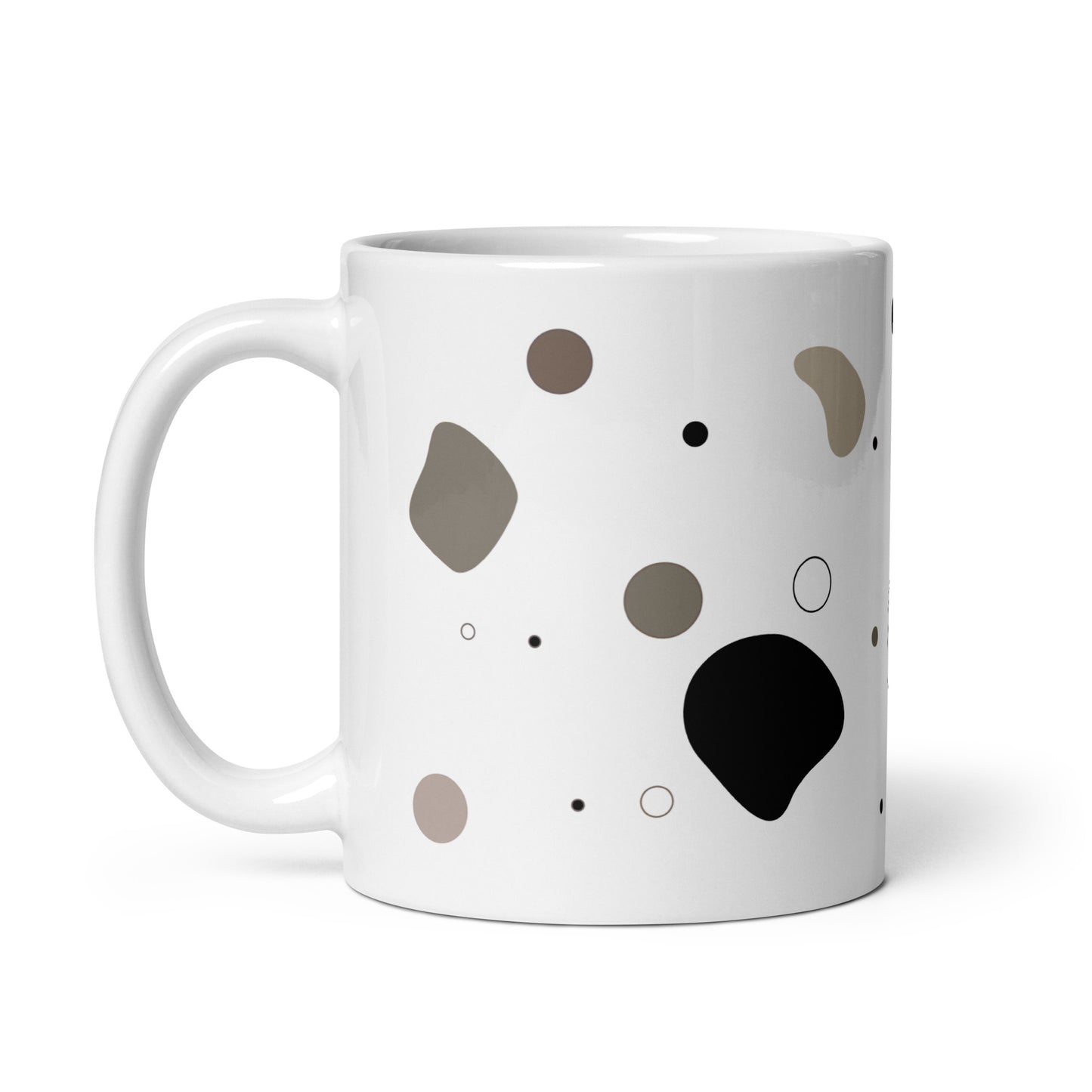 Pebble white glossy ceramic mug, 11 oz, left handle view with abstract neutral pattern by Lumine Studio