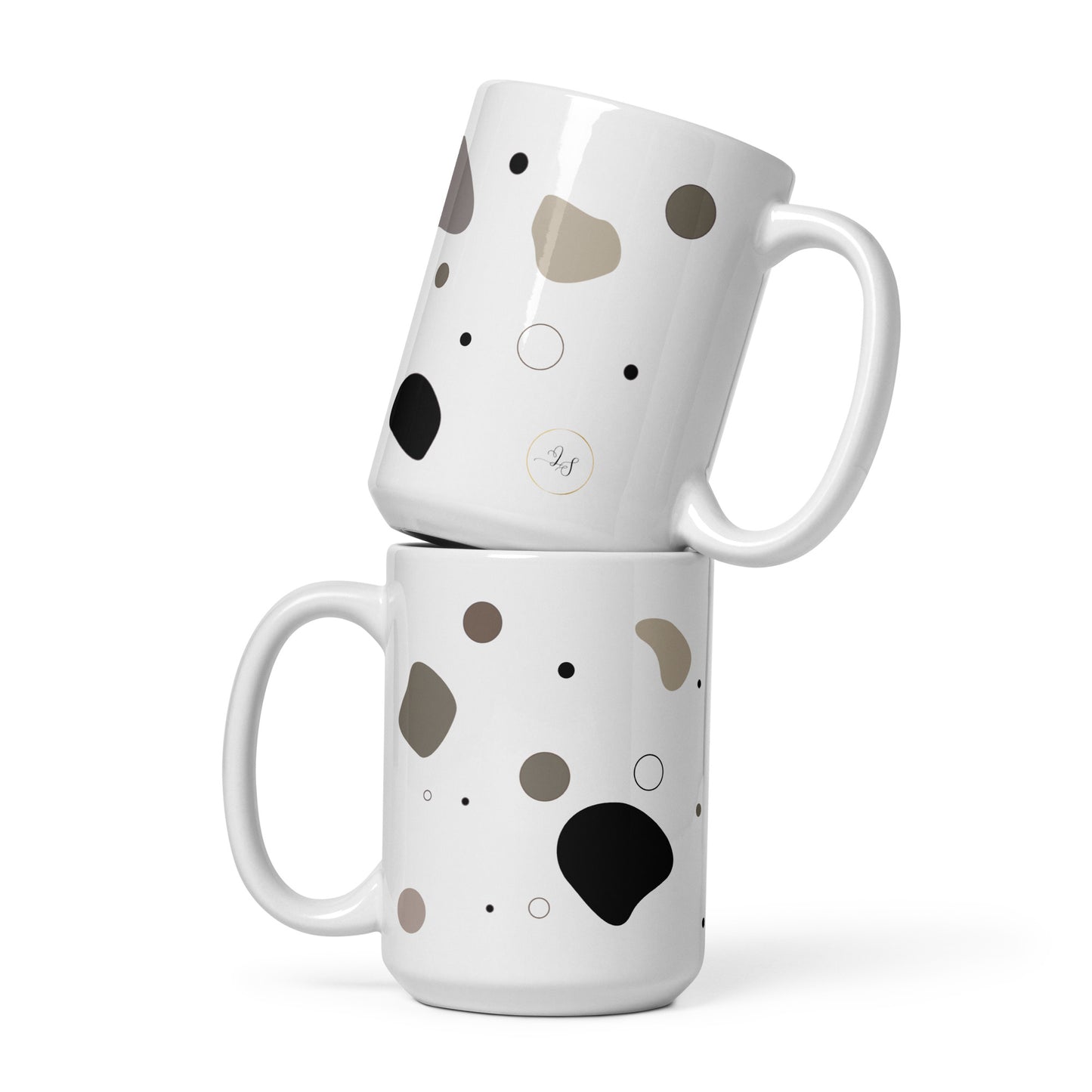 Pebble white glossy ceramic mug, 15 oz, with abstract neutral pattern by Lumine Studio