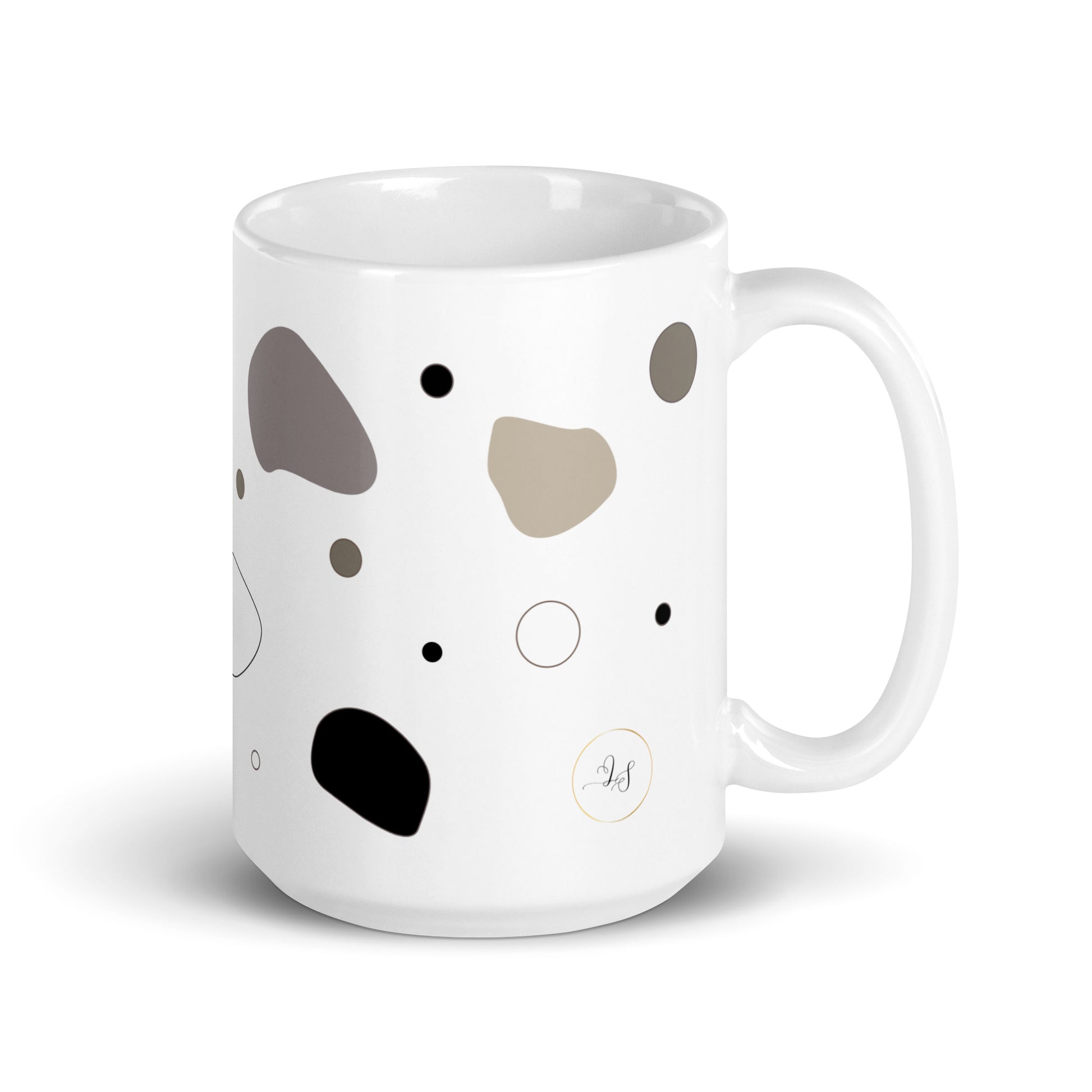 Pebble white glossy ceramic mug, 15 oz, right hadle view with abstract neutral pattern by Lumine Studio