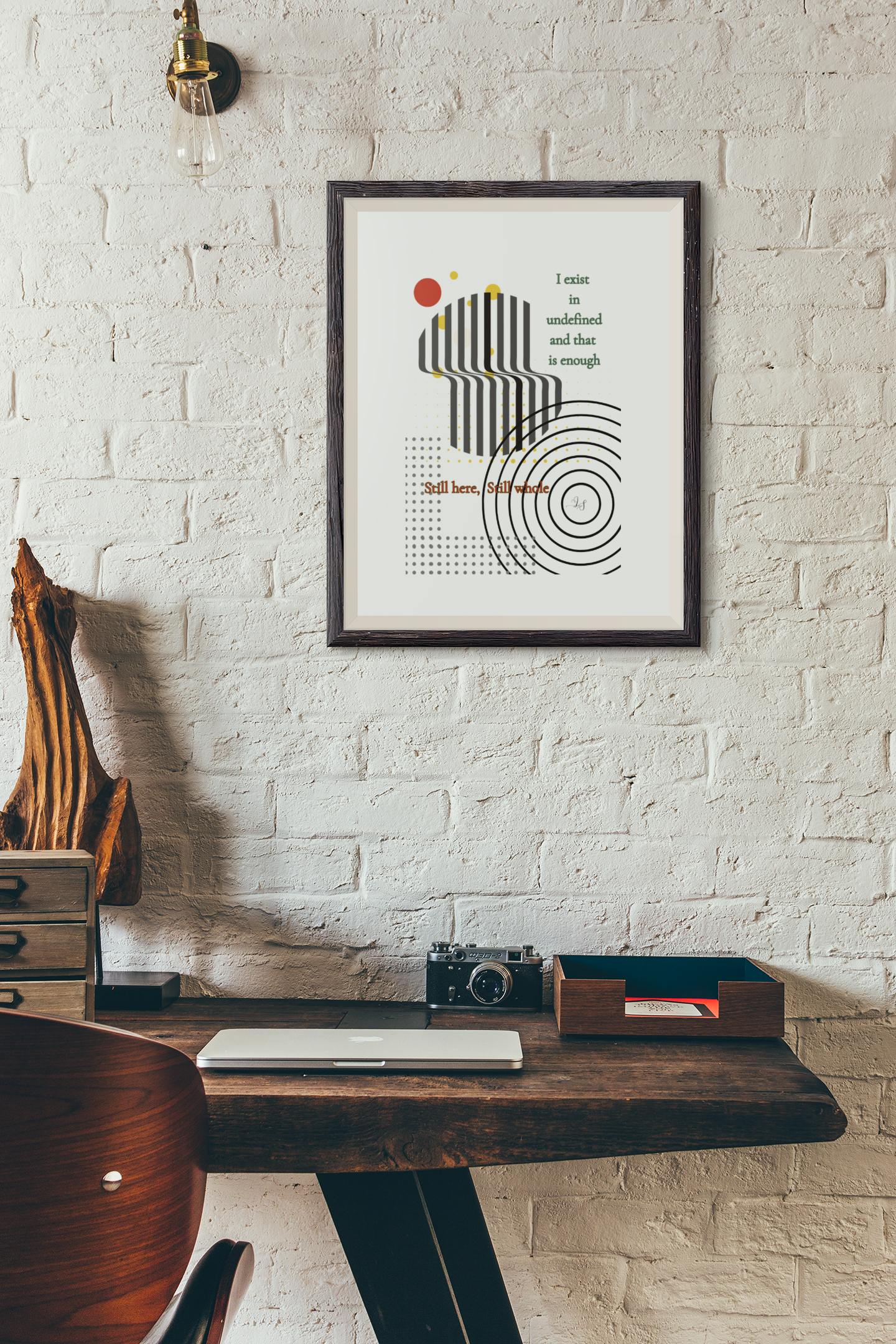 Wall art poster displayed in a rustic workspace with brick wall, wooden desk, and vintage decor