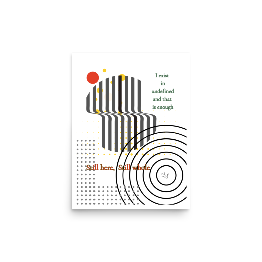 Minimalist abstract wall art print with geometric design and text titled Still Here Still Whole