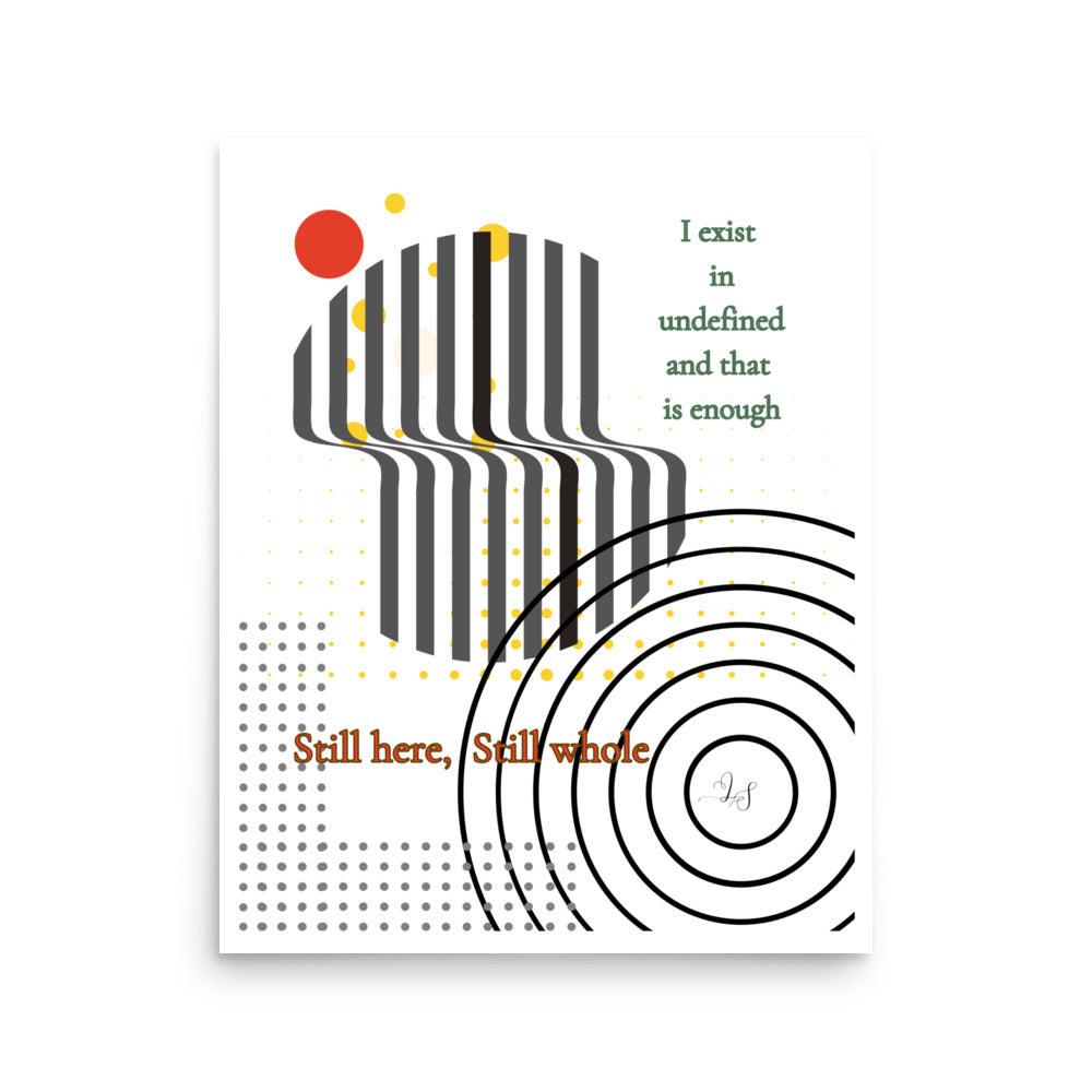 Minimalist abstract wall art print with geometric design and text titled Still Here Still Whole