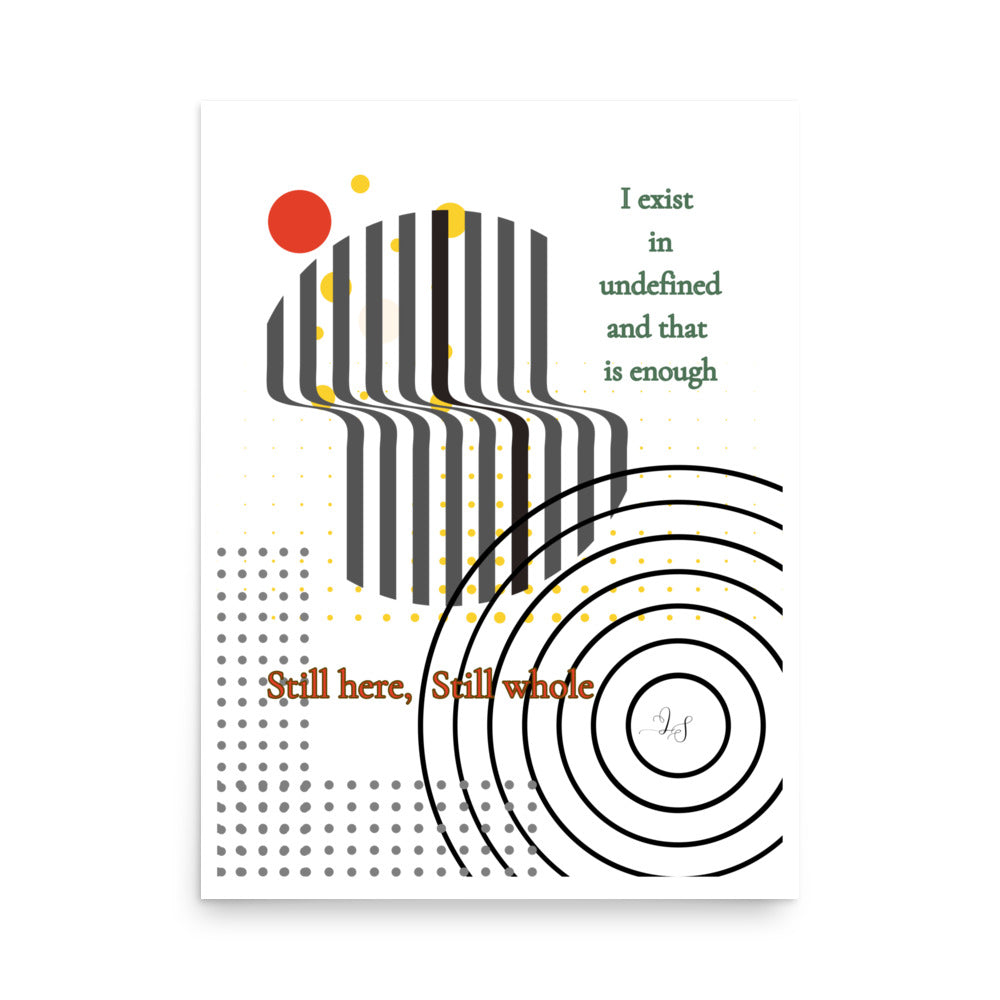 Minimalist abstract wall art print with geometric design and text titled Still Here Still Whole