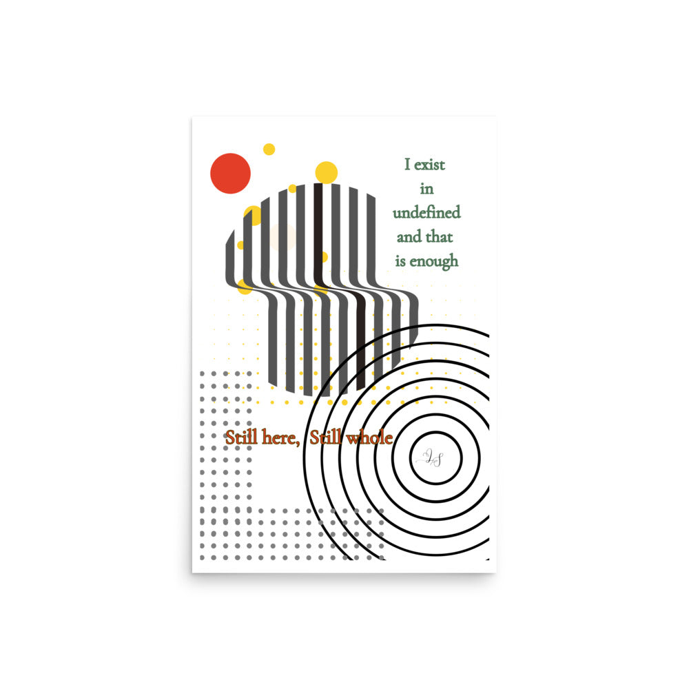 Minimalist abstract wall art print with geometric design and text titled Still Here Still Whole
