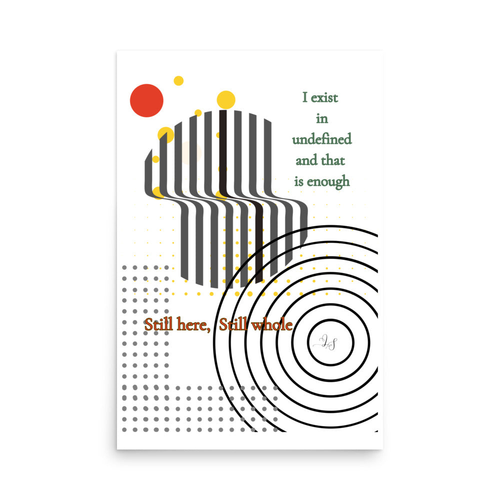 Minimalist abstract wall art print with geometric design and text titled Still Here Still Whole
