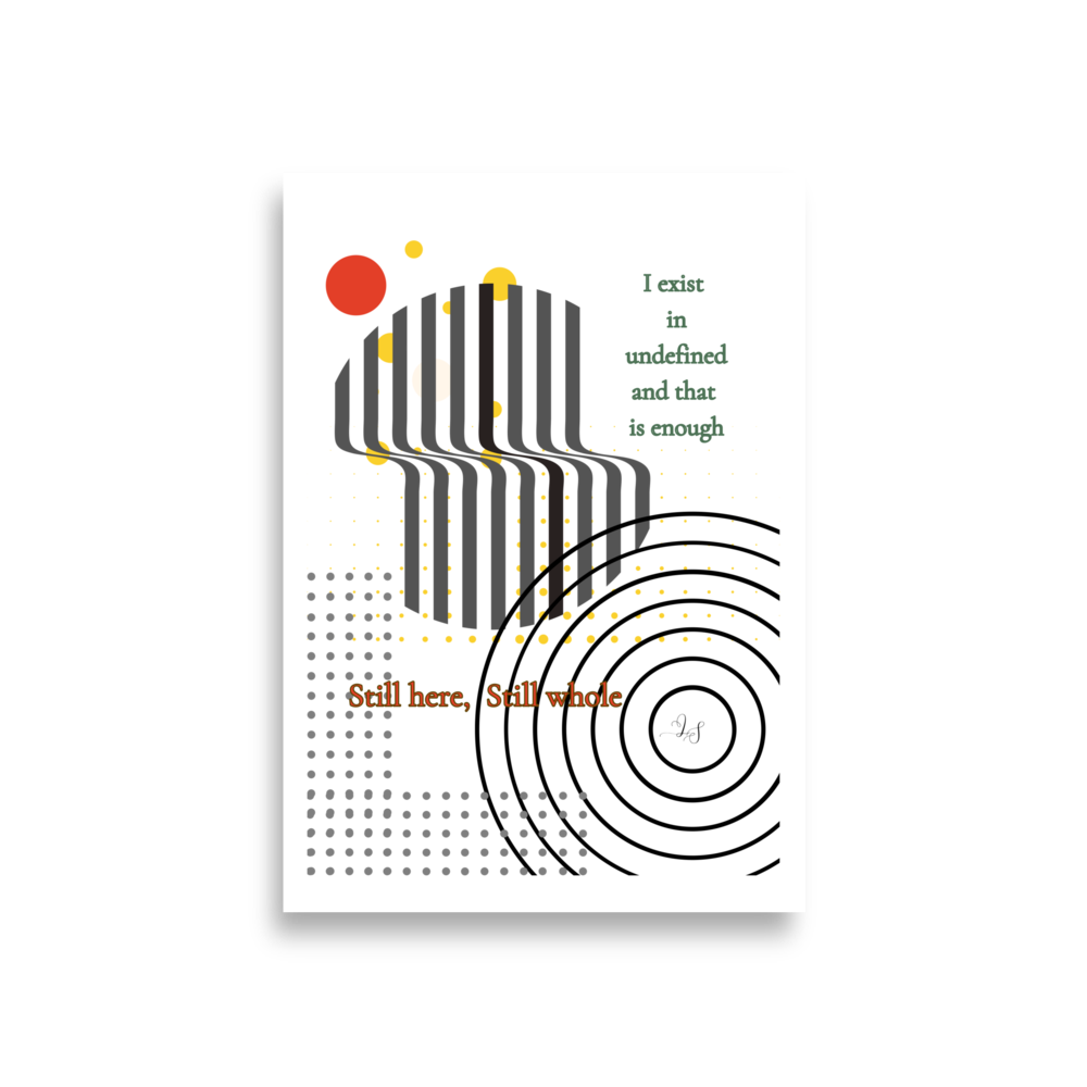 Minimalist abstract wall art print with geometric design and text titled Still Here Still Whole
