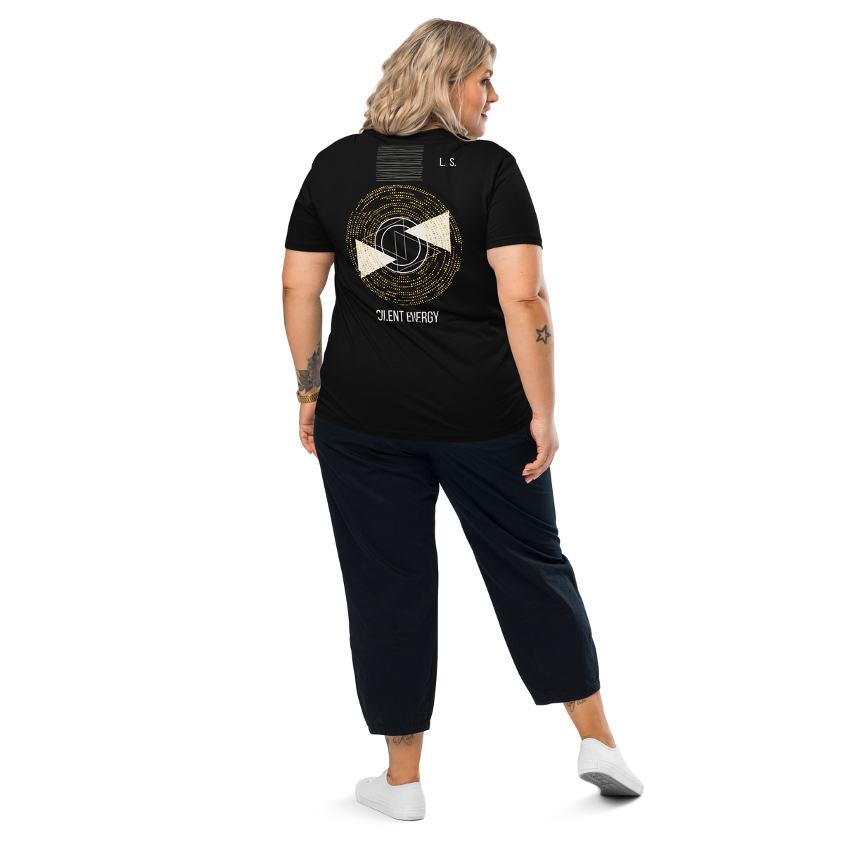 Person wearing a black unisex organic cotton T-shirt with a gold and white Silent Energy graphic on the back