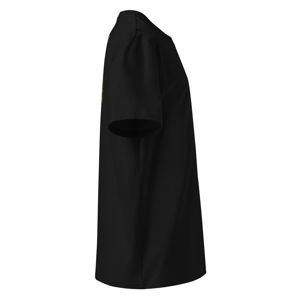 Right side view of a black unisex organic cotton T-shirt with a partially visible gold graphic