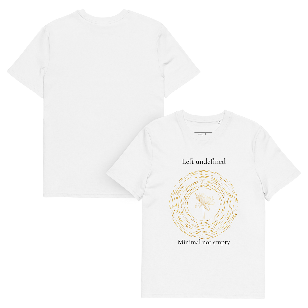 White unisex organic cotton T-shirt shown from the front and back with a gold circular Left Undefined design on the front