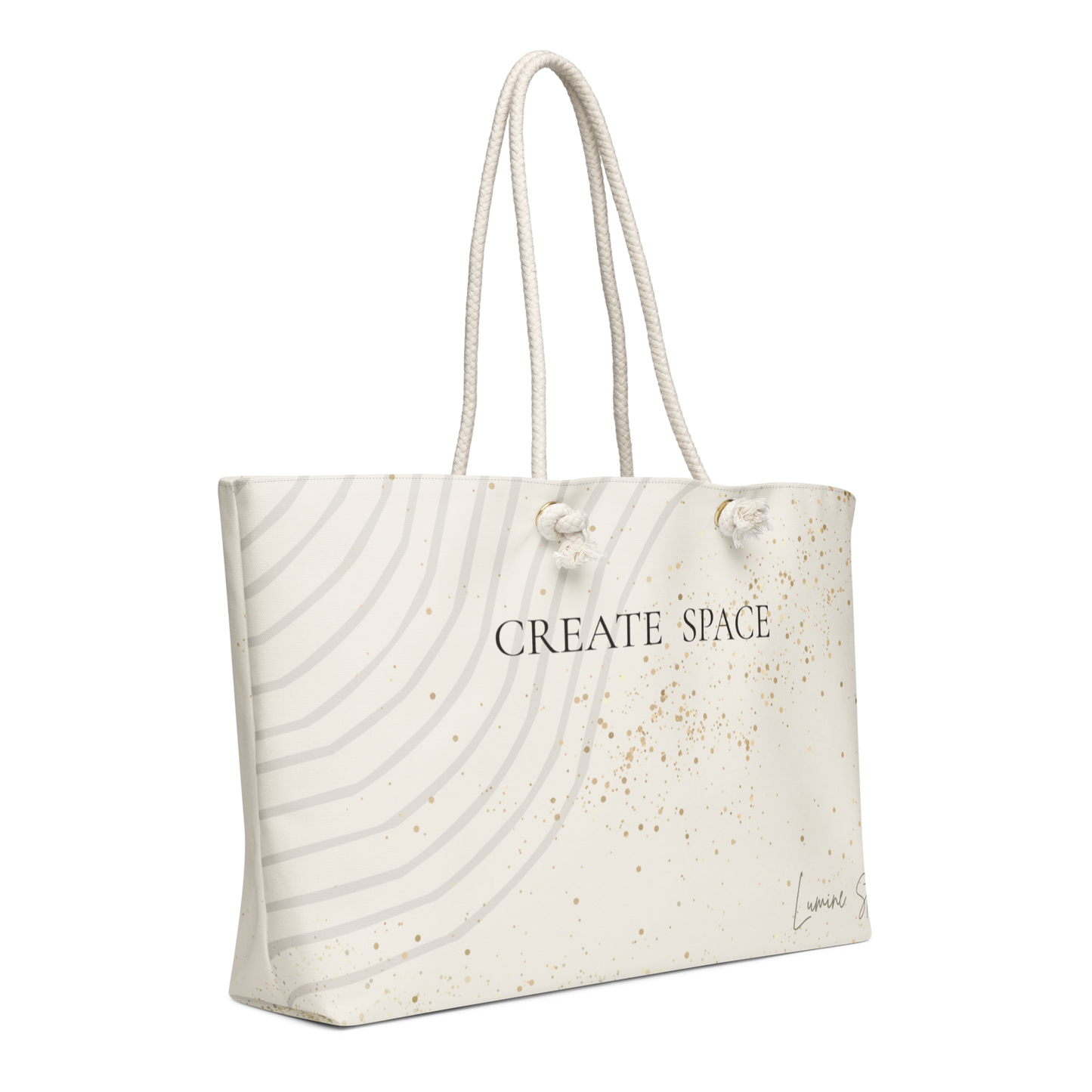 Cream Create Space weekender bag shown from an angled front view