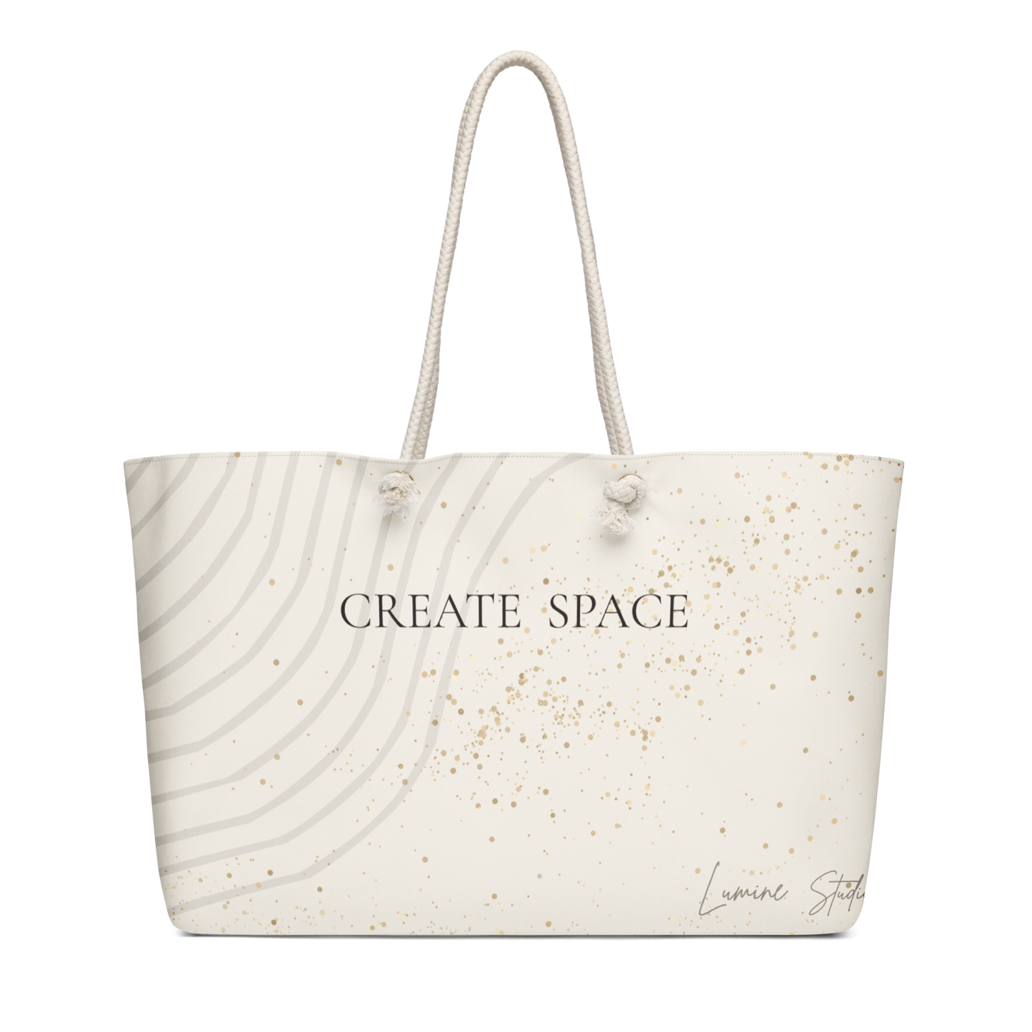 Cream weekender bag with minimalist Create space design.