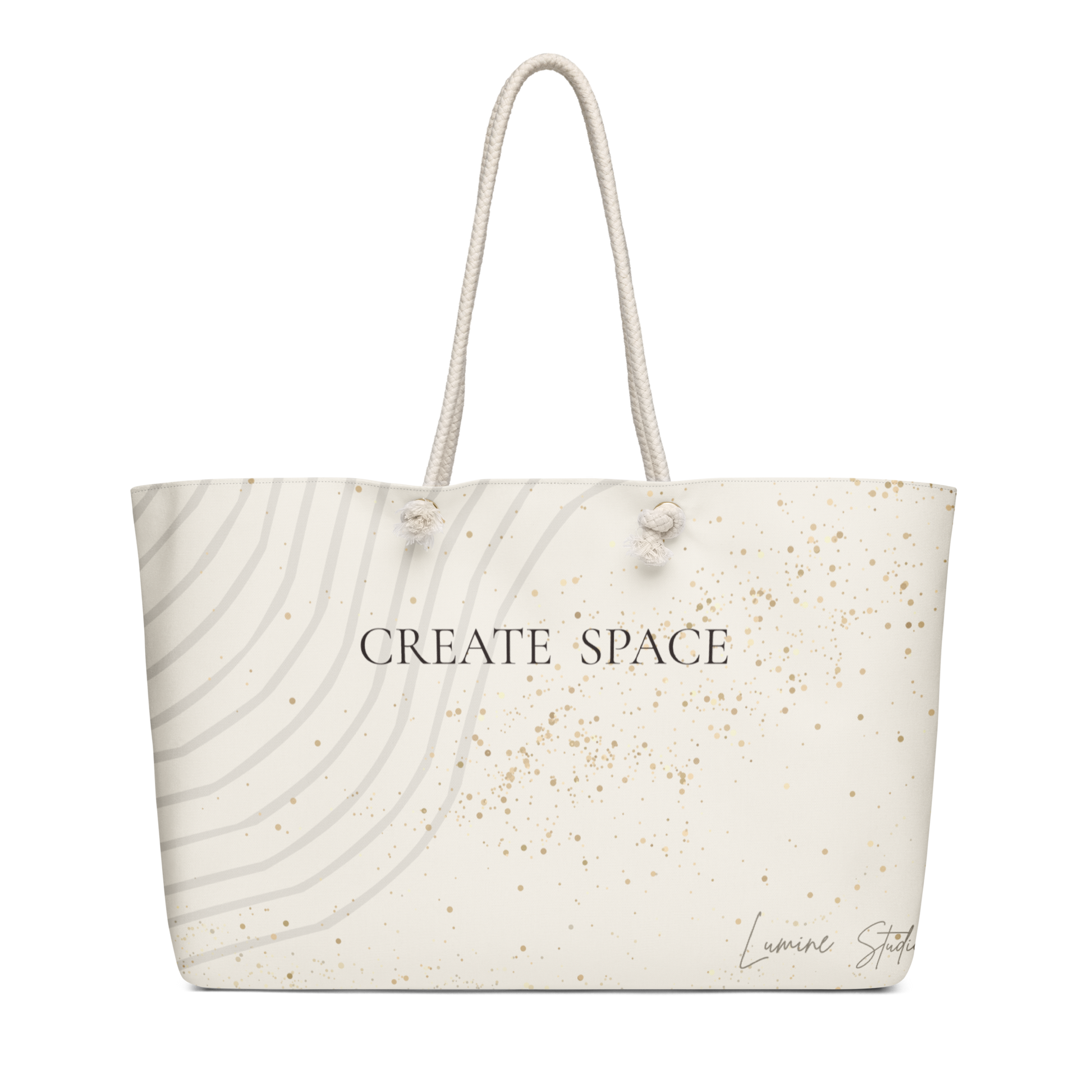Cream weekender bag with minimalist Create space design.