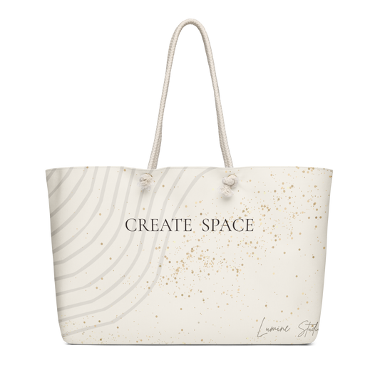 Cream weekender bag with minimalist Create space design.