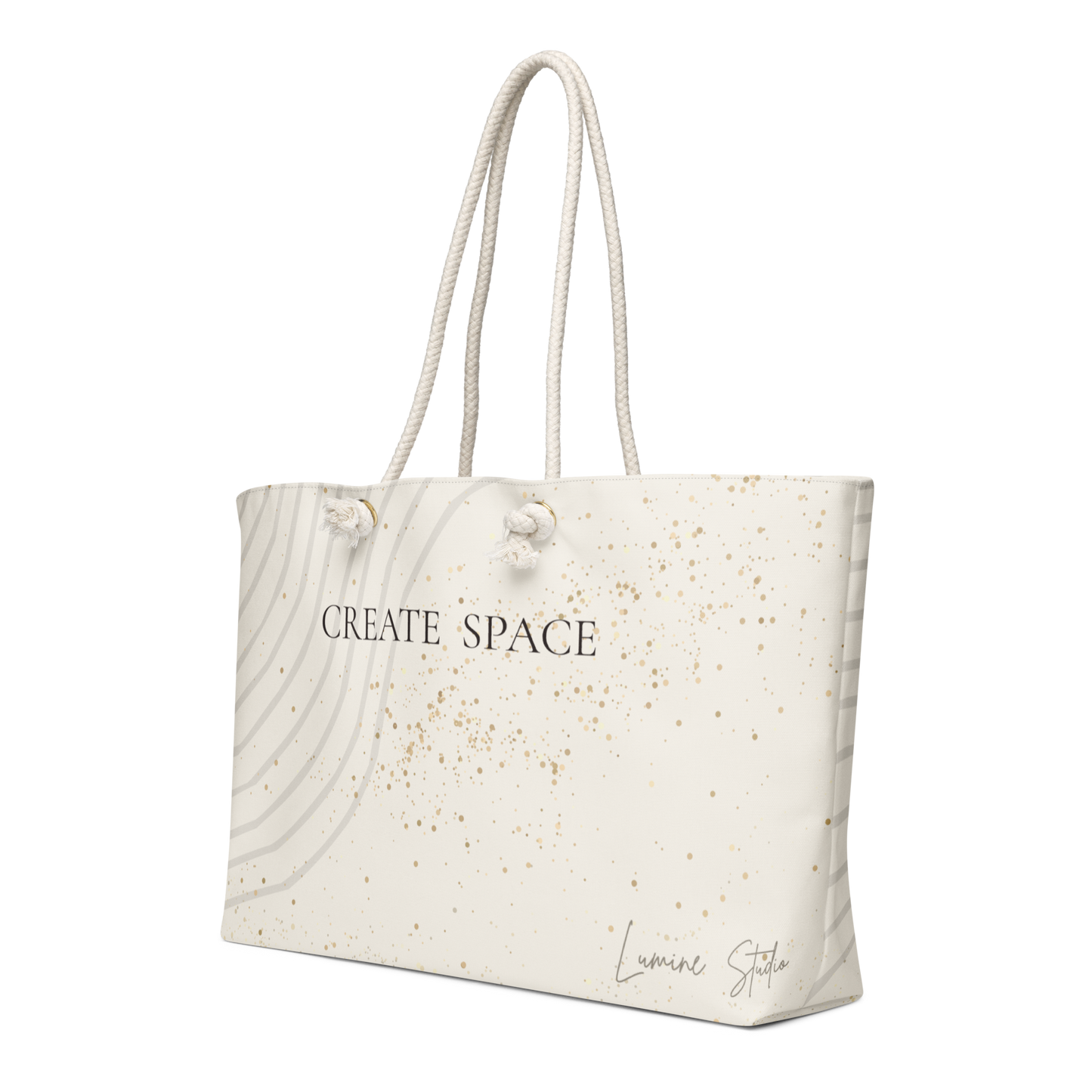 CreamCreate Space weekender bag shown fron the left angled front view