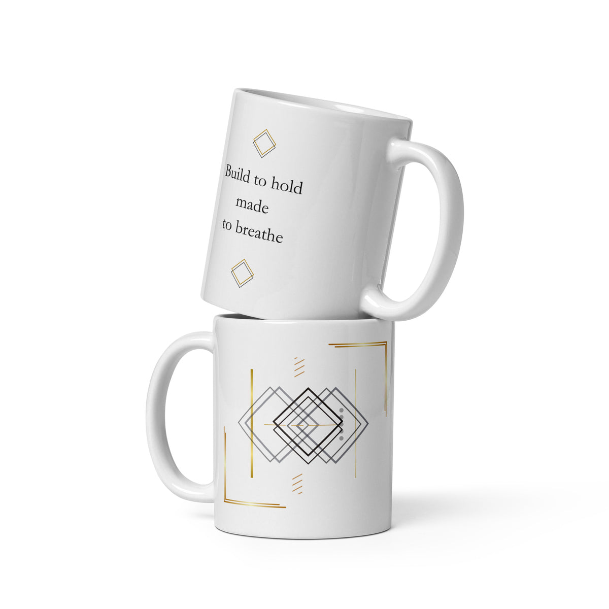 White 11 oz ceramic mug shown from both sides, with minimalist typograpphy, geometric line art and subtle gold details.