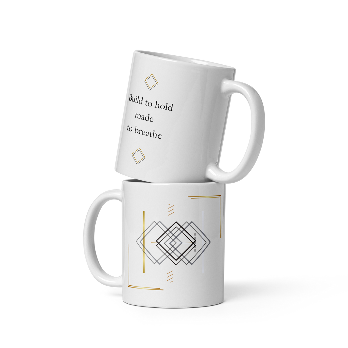 White 11 oz ceramic mug shown from both ides with minimalist typography, geometric line art and subtle gold details.