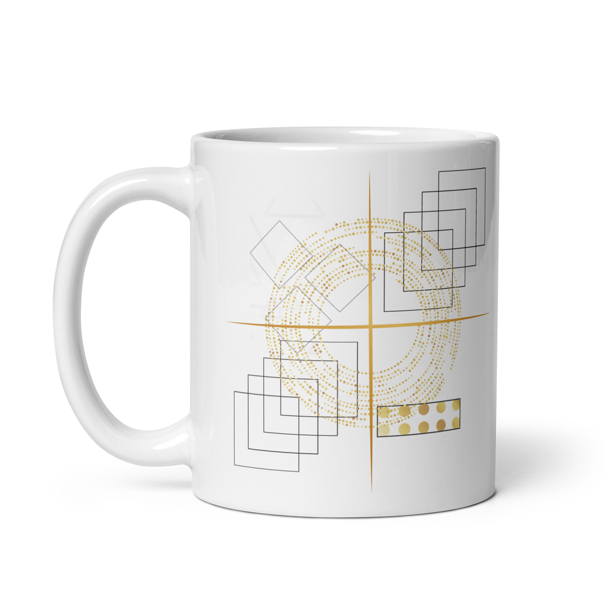 Wite 11 oz ceramic mug with minimalist geometric line art and subtle gold details.