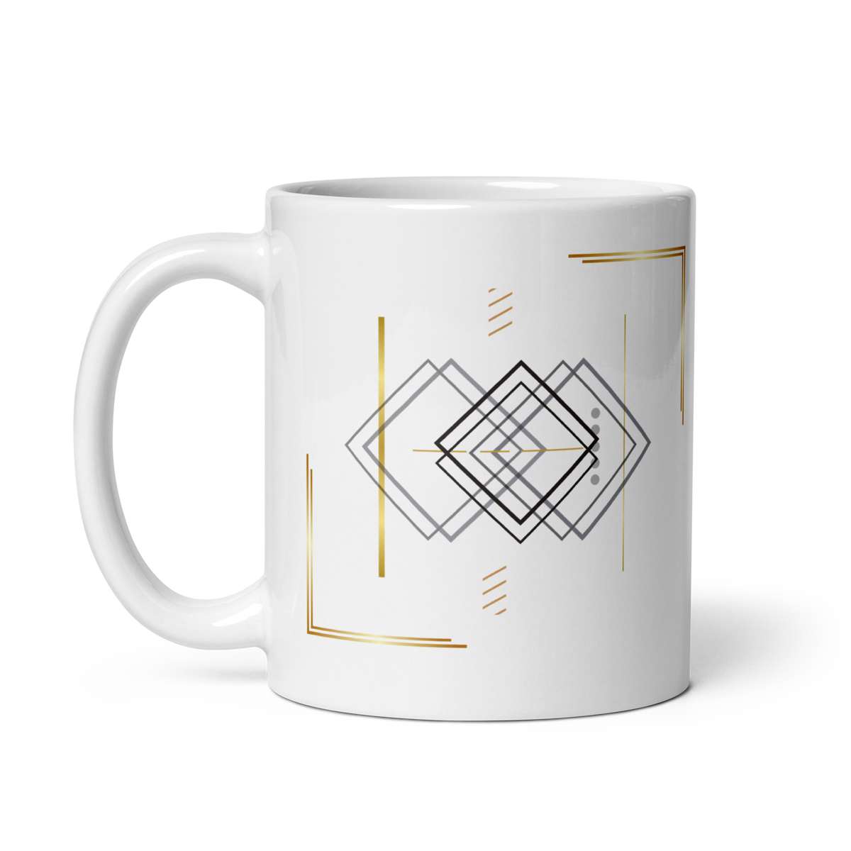White 11 oz ceramic  mug with minimalist geometric line art and subtle gold details, shown from the side.