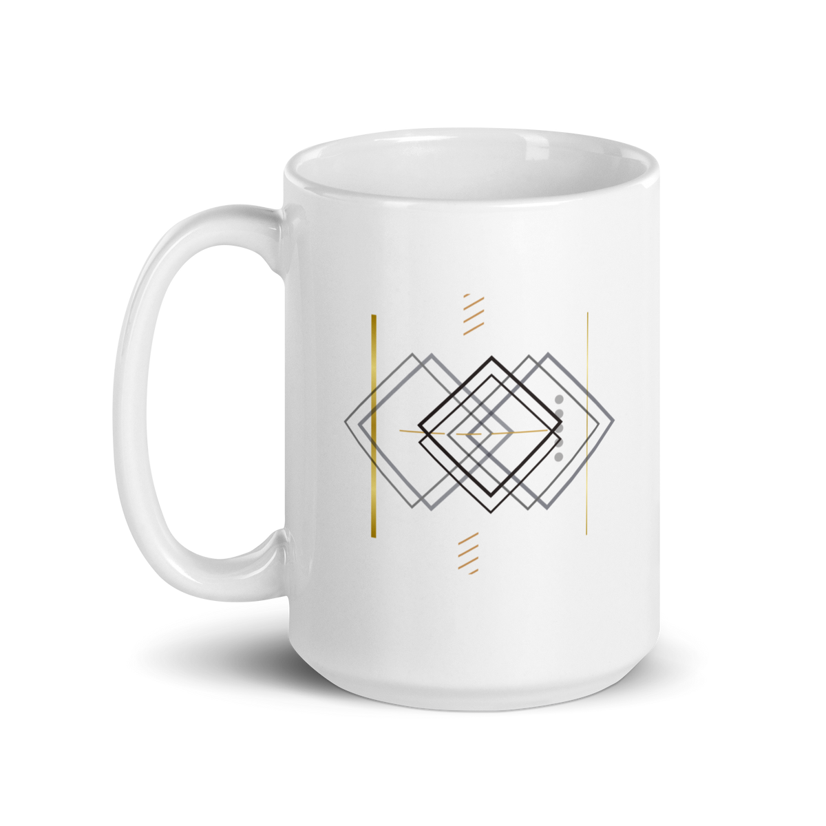 White 15 oz ceramic mug with minimalist geometric line art and subtle details, shon from the side.