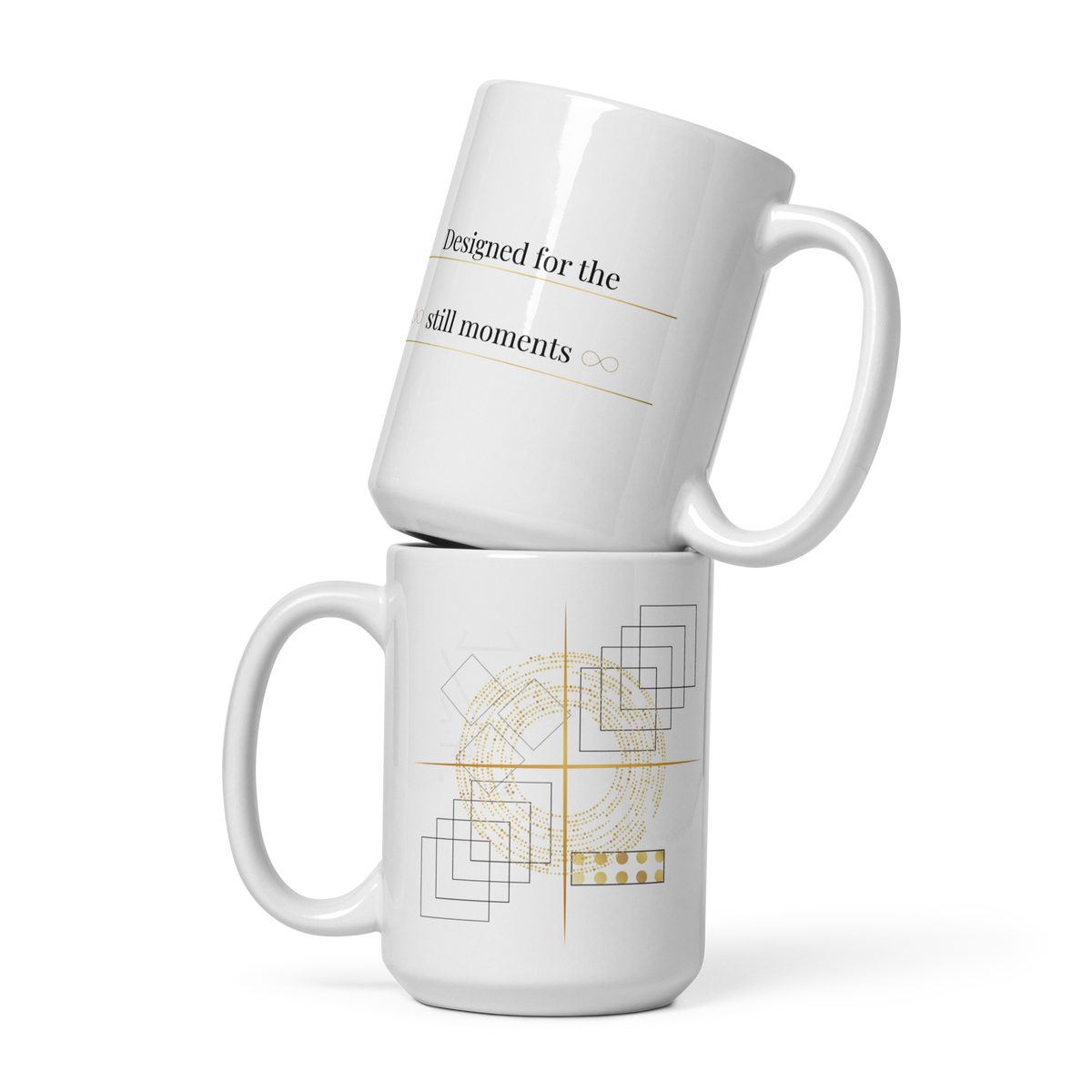 Two stacked white 15 oz ceramic mugs with abstract line art in gold and black.