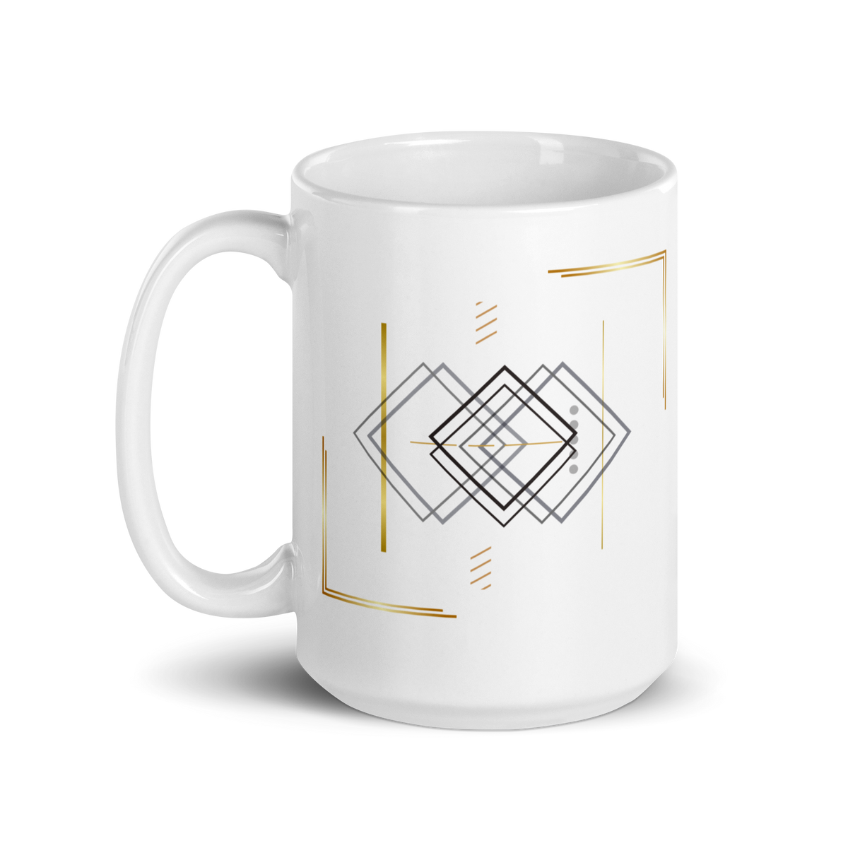 White 15 oz ceramic mug with minimalist geometric line art shown from the side.