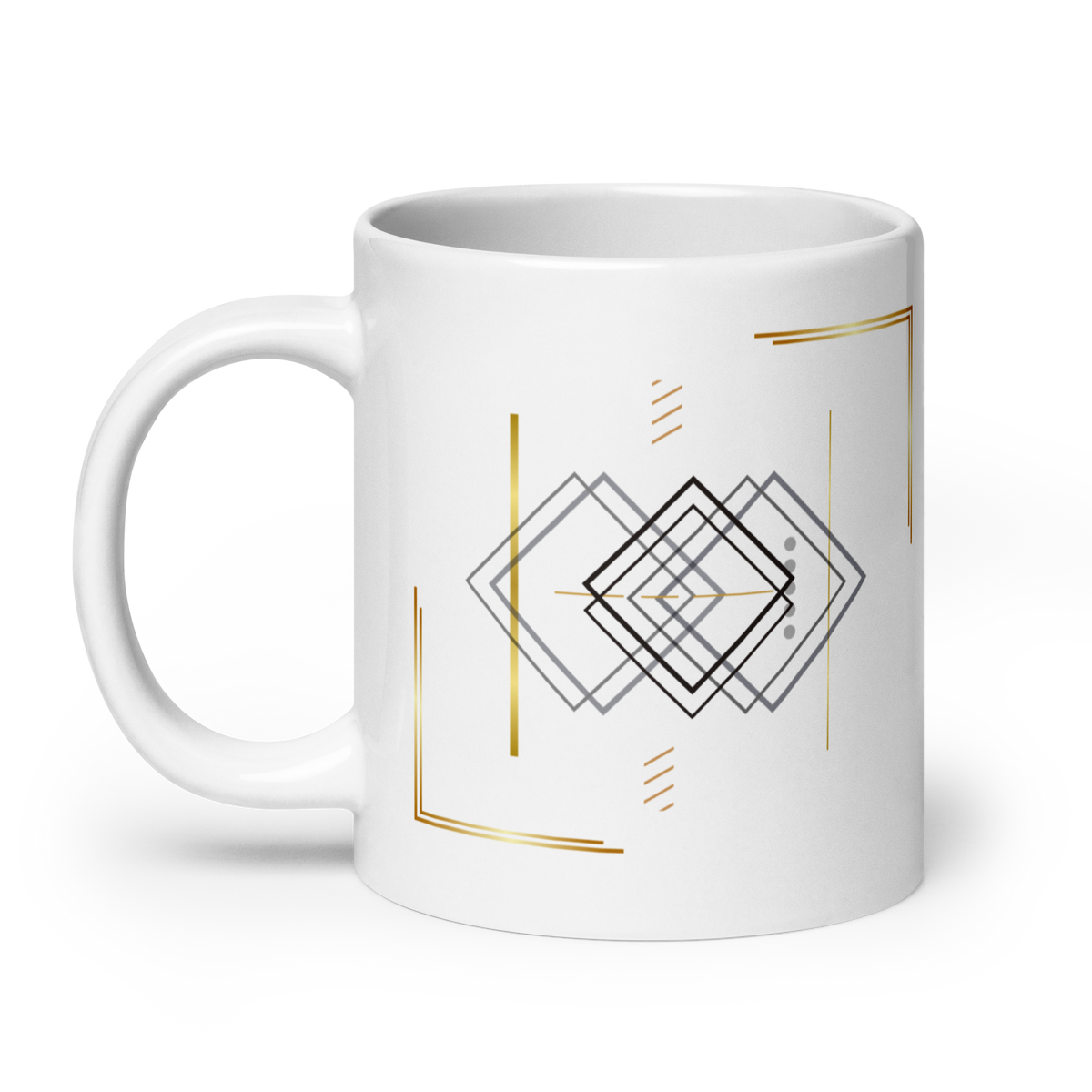 White 20 oz ceramic mug with minimalist geometric line art and gold accents, shown from the back.