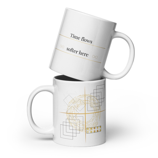 Two stacked white 20 oz ceraic mugs with minimalist geometric line art and subtle gold details.