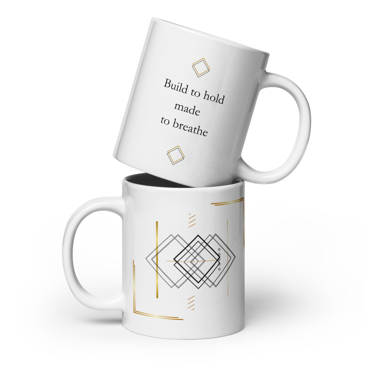 White 20 oz ceramic mug shown from bot sides with minimalist typography, geometric line art and subtle gold details.