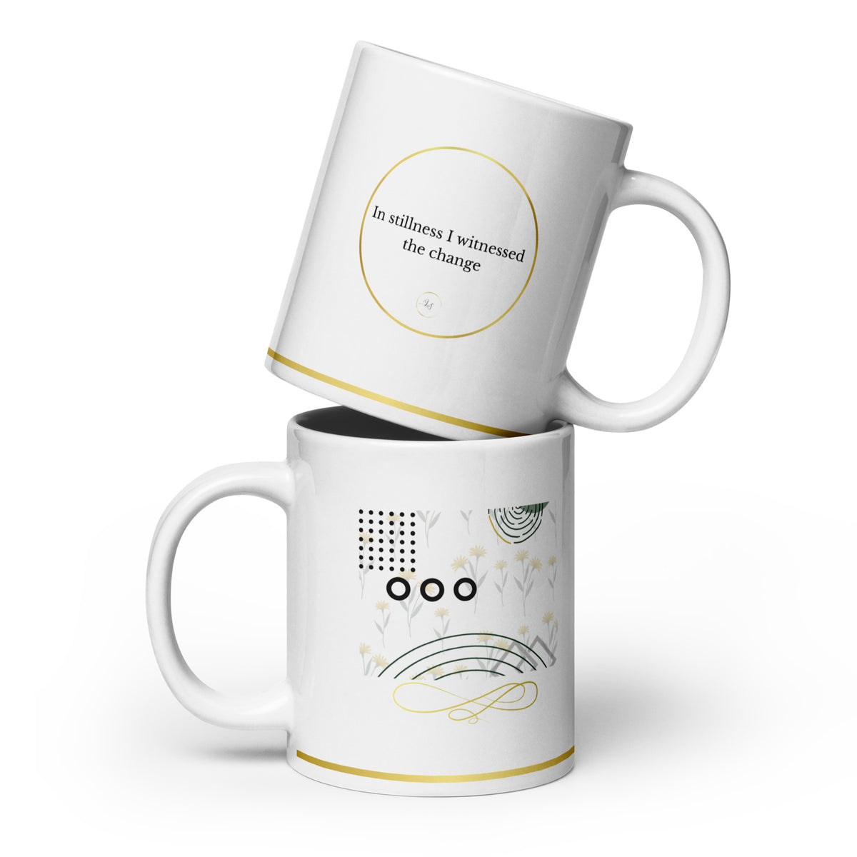 White 20 oz ceramic mug shown from both sides with minimalist abstract line art and typography.