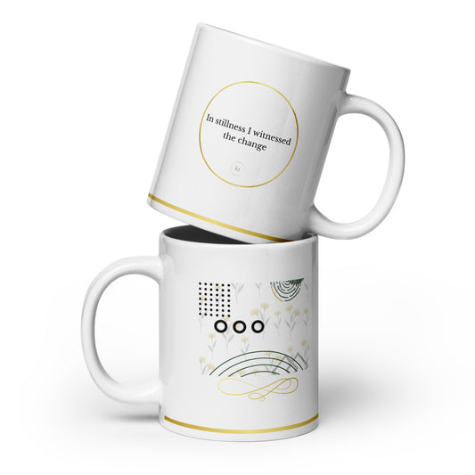 White 20 oz ceramic mug shown from both sides with minimalist abstract line art and typography.