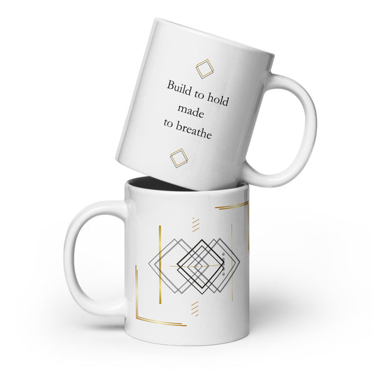 white ceramic mu shown from both sides with minimalisttypography, geometric line art and gold accents.