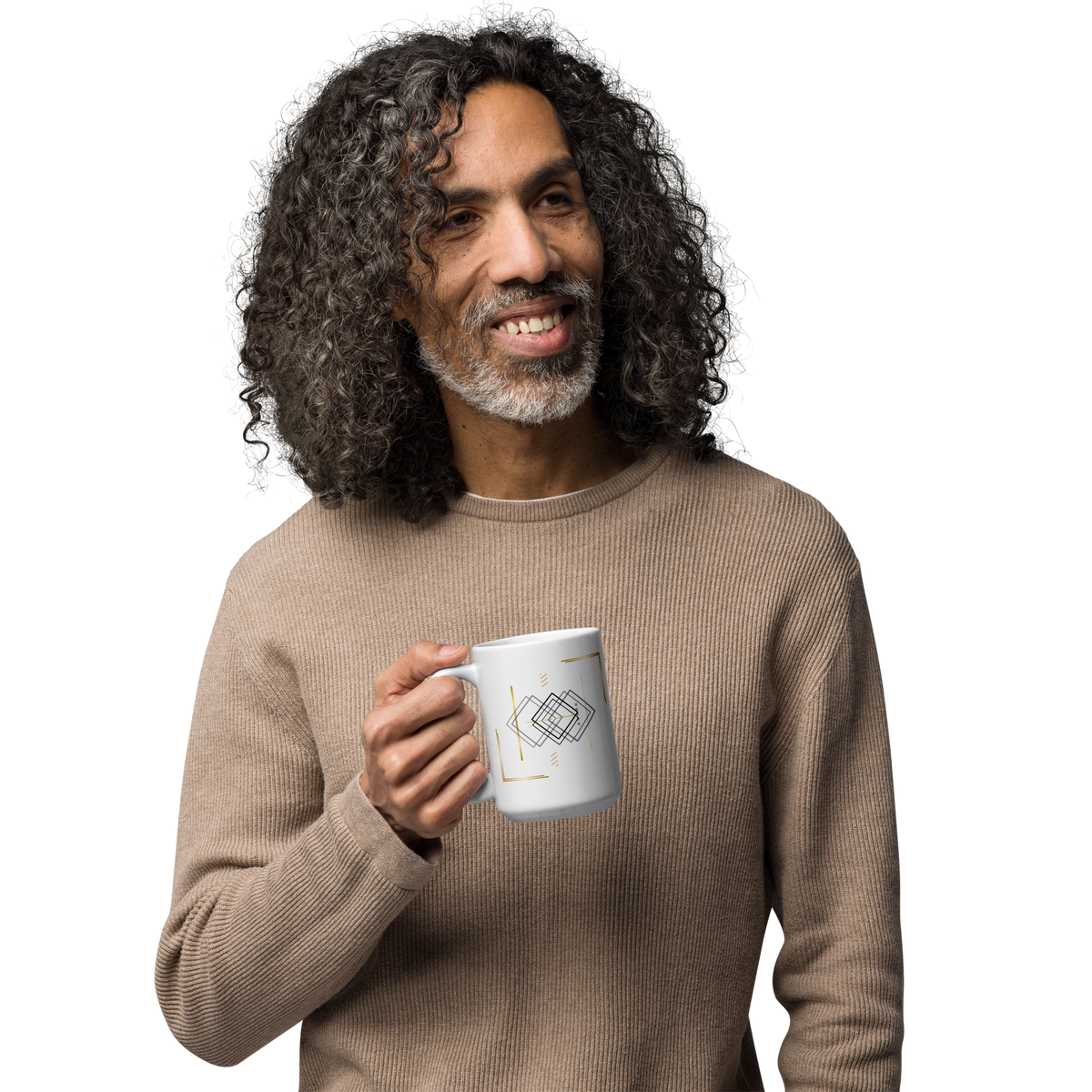 Man holding a white ceramic mug with minimalist geometric line art and subtle gold details.